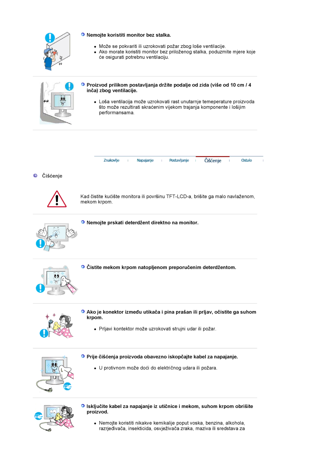 Samsung LS20BRCASZ/EDC manual Nemojte koristiti monitor bez stalka, Čišćenje 