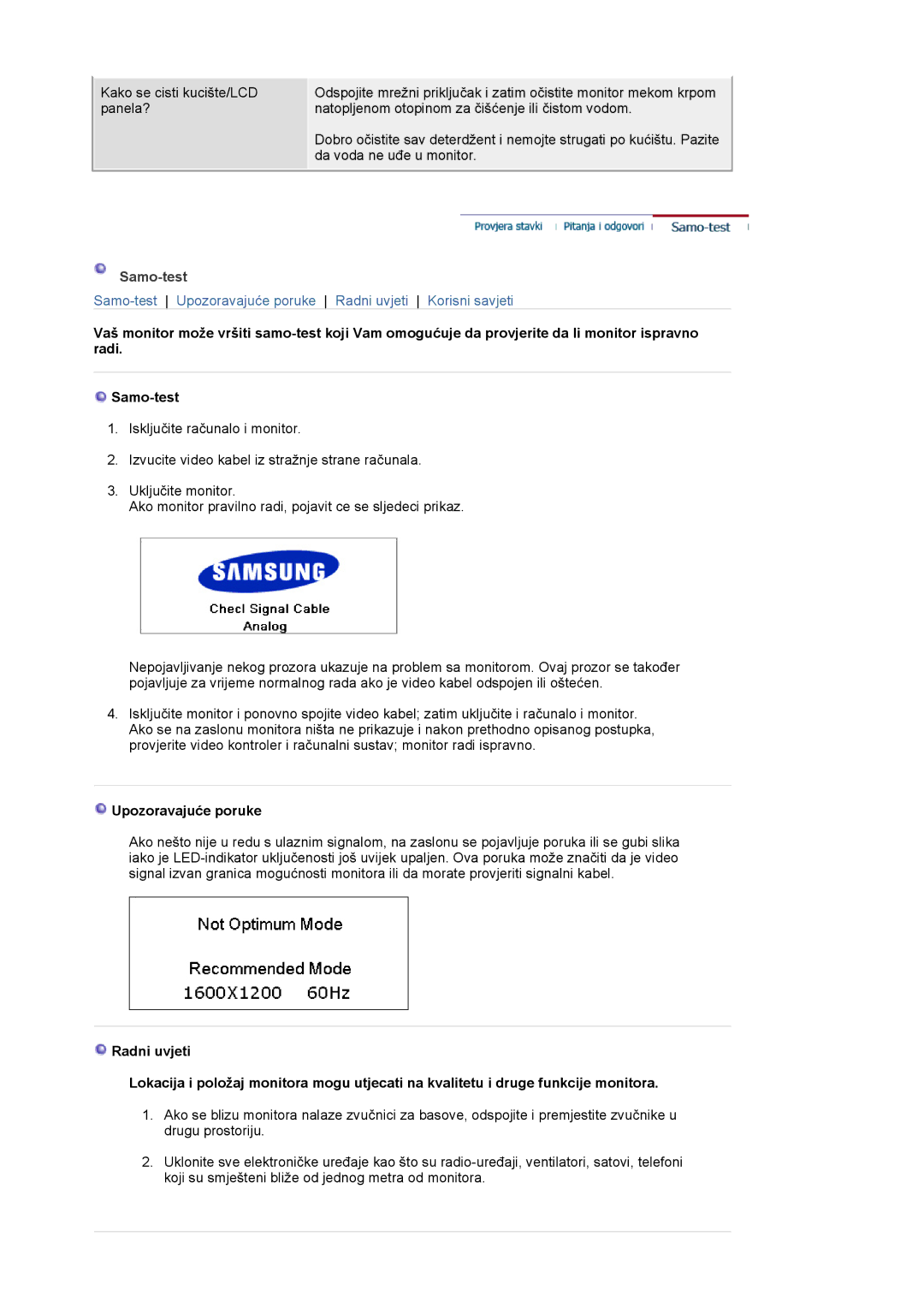 Samsung LS20BRCASZ/EDC manual Samo-test, Upozoravajuće poruke 