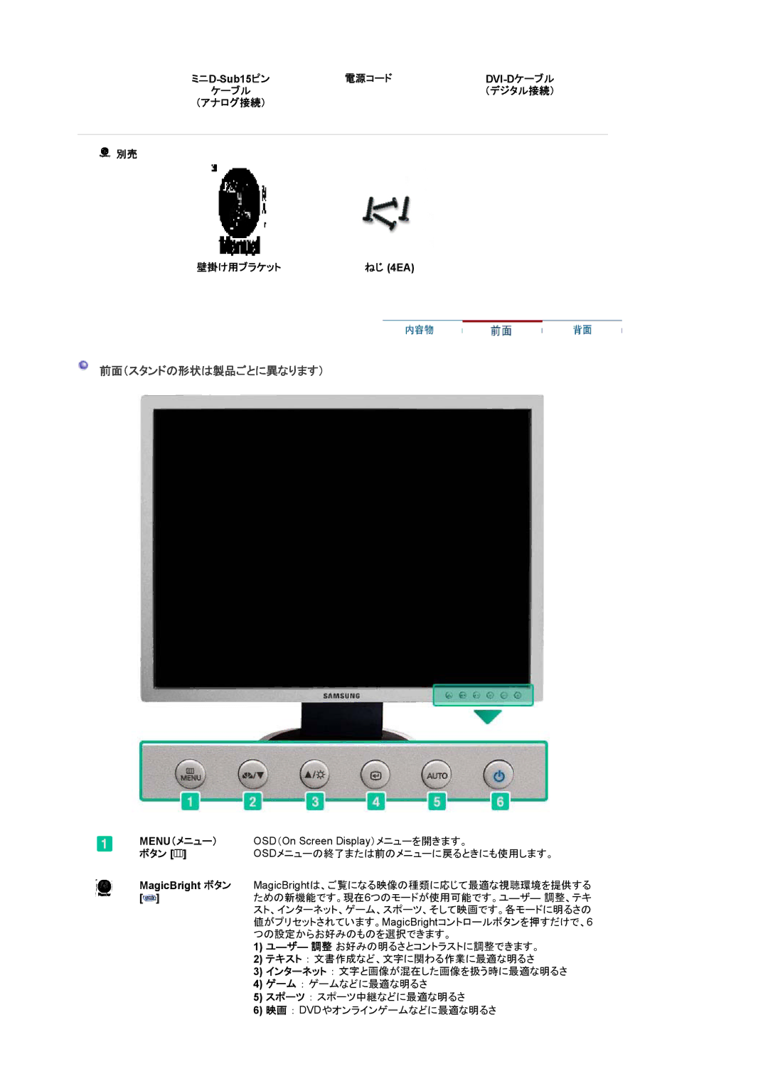 Samsung LS20BRDBBV/XSJ, LS20BRDBSV/XSJ manual 前面（スタンドの形状は製品ごとに異なります）, 電源コード, 壁掛け用ブラケット, Menu（メニュー）, ボタン 