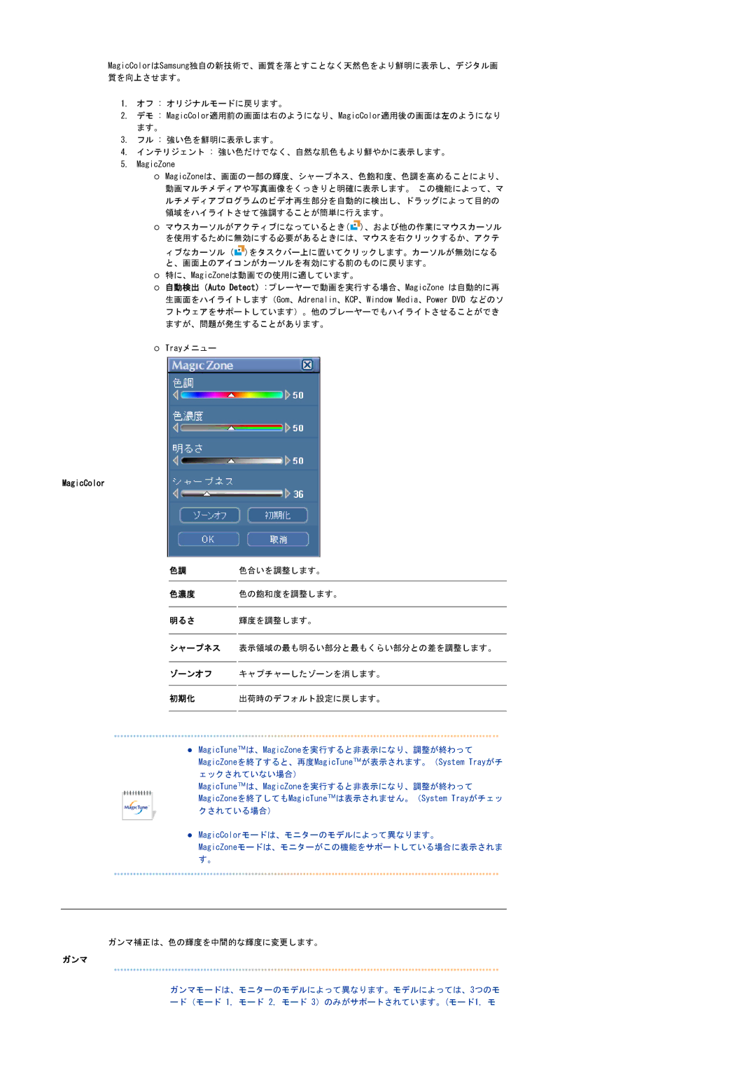 Samsung LS20BRDBSV/XSJ 色合いを調整します。, 色濃度 色の飽和度を調整します。 明るさ 輝度を調整します。 シャープネス, ゾーンオフ キャプチャーしたゾーンを消します。 初期化 出荷時のデフォルト設定に戻します。 