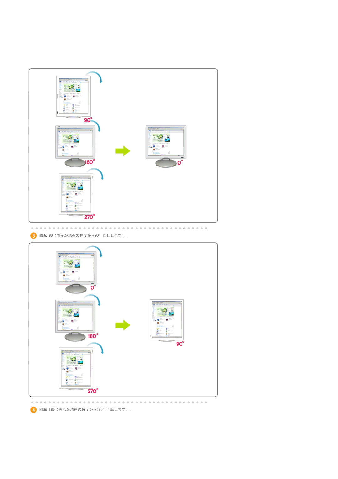 Samsung LS20BRDBSV/XSJ, LS20BRDBBV/XSJ manual 回転 90 表示が現在の角度から90回転します。。 回転 180 表示が現在の角度から180回転します。。 