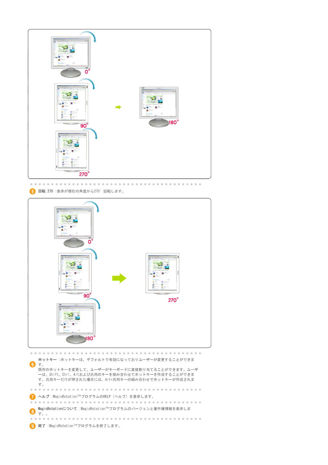 Samsung LS20BRDBBV/XSJ, LS20BRDBSV/XSJ manual 回転 270 表示が現在の角度から270回転します。 