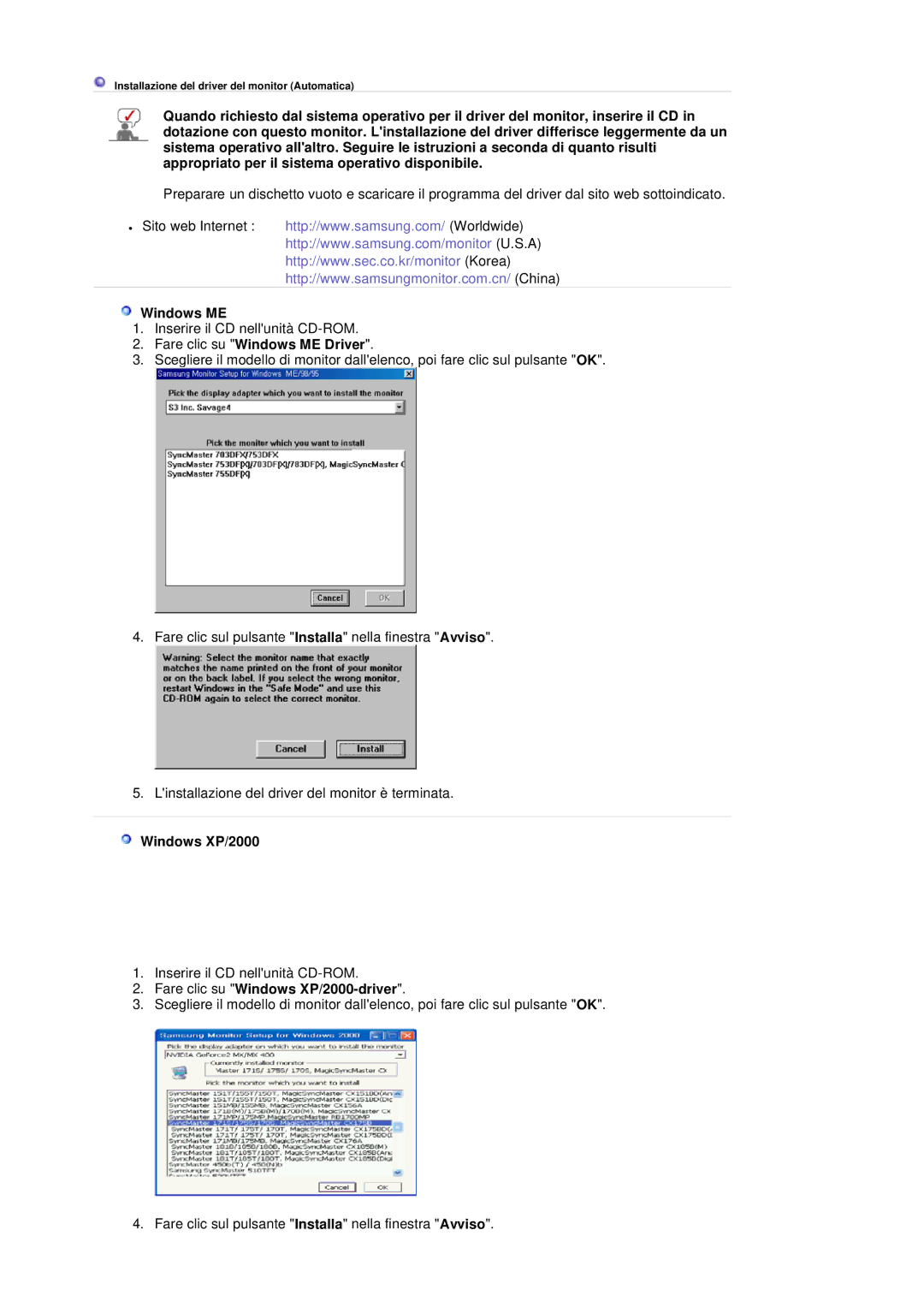 Samsung LS20BRDBBV/XSE, LS20BRDESQ/EDC manual Fare clic su Windows ME Driver, Fare clic su Windows XP/2000-driver 