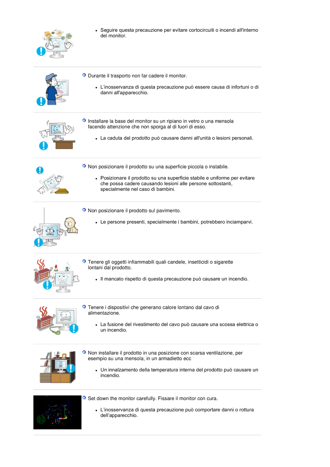 Samsung LS20BRDBSQ/EDC manual Durante il trasporto non far cadere il monitor, Non posizionare il prodotto sul pavimento 