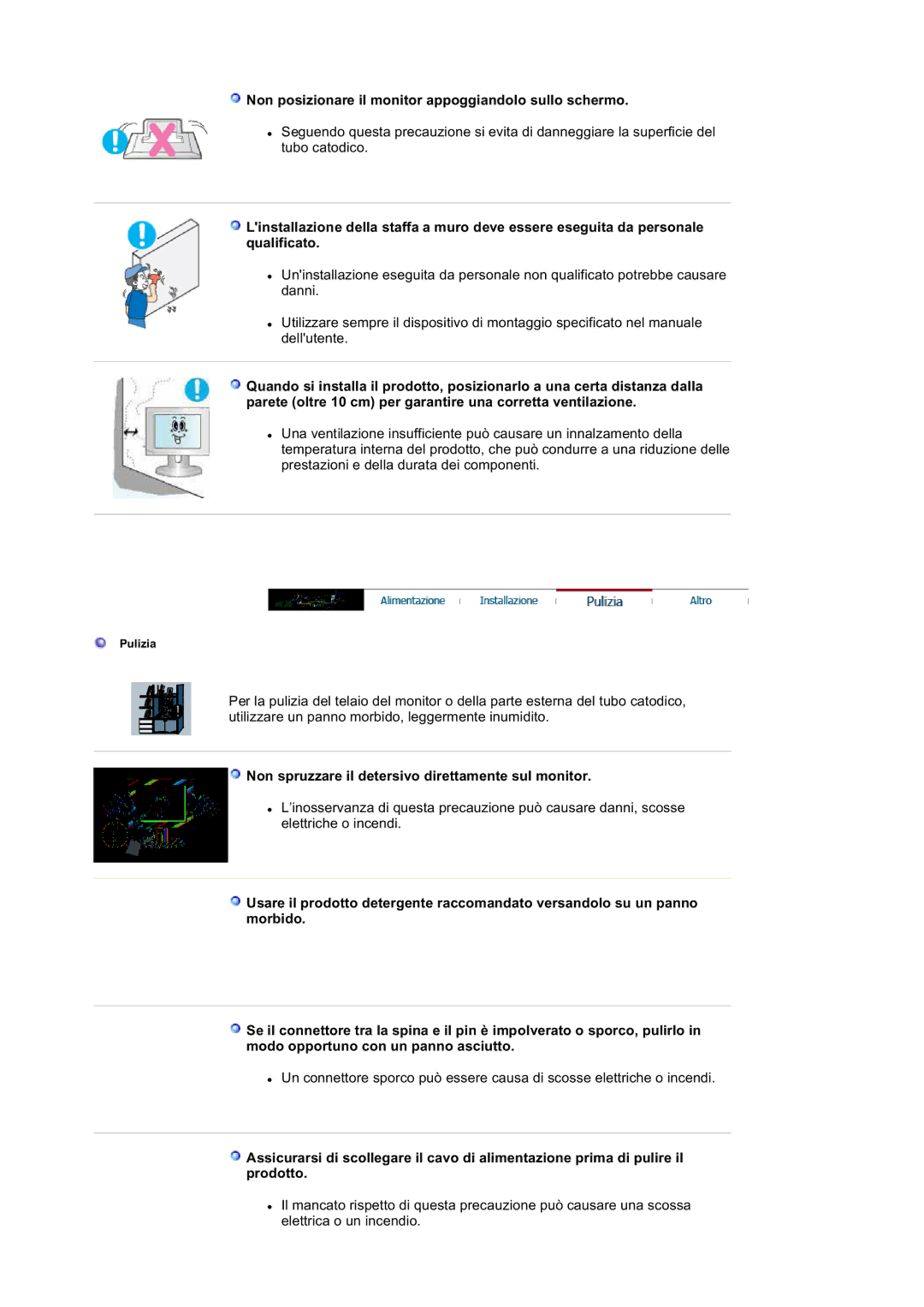 Samsung LS20BRDBBV/XSE, LS20BRDESQ/EDC, LS20BRDBSQ/EDC manual Non posizionare il monitor appoggiandolo sullo schermo 