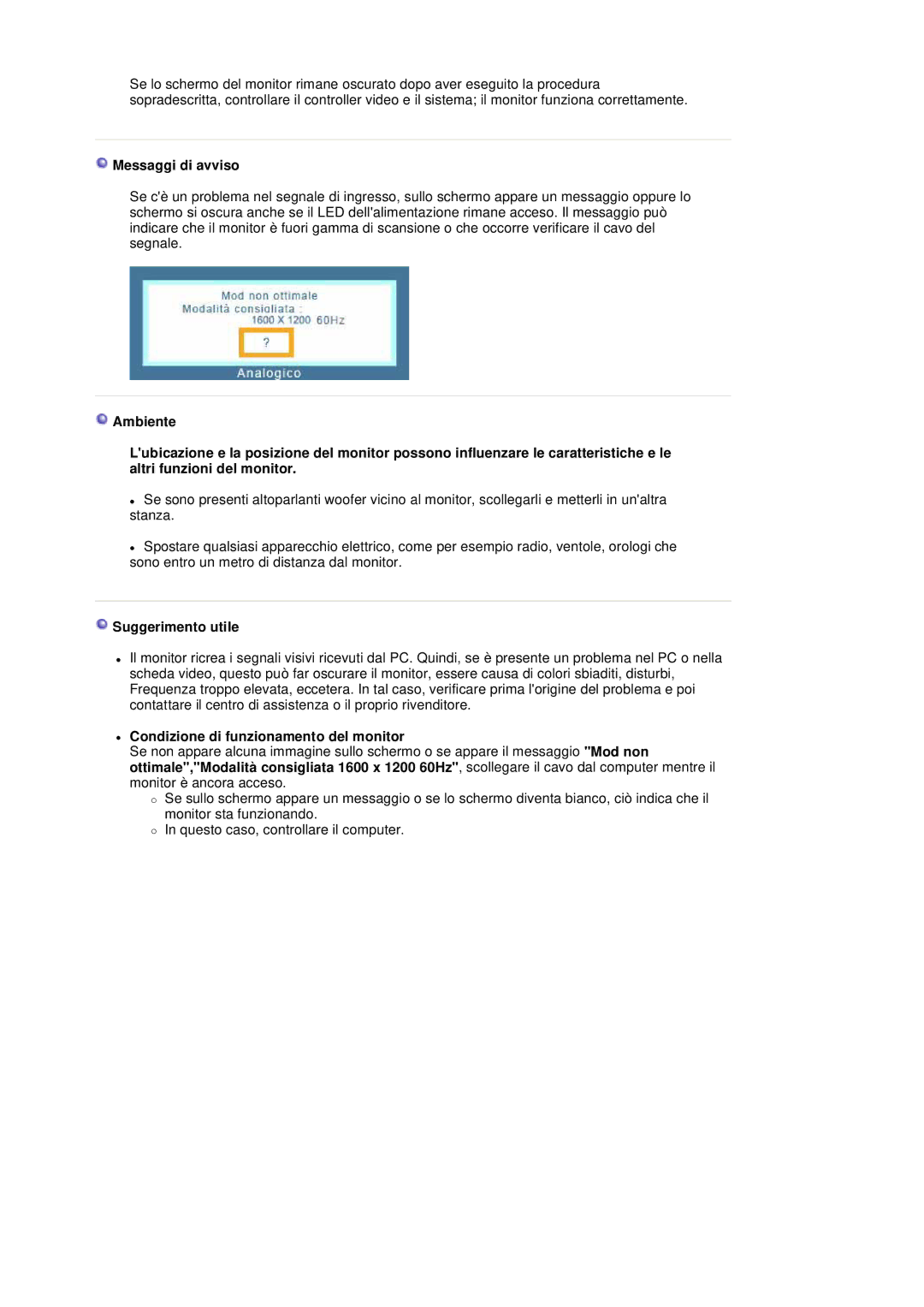 Samsung LS20BRDESQ/EDC, LS20BRDBSQ/EDC Messaggi di avviso, Suggerimento utile, Condizione di funzionamento del monitor 