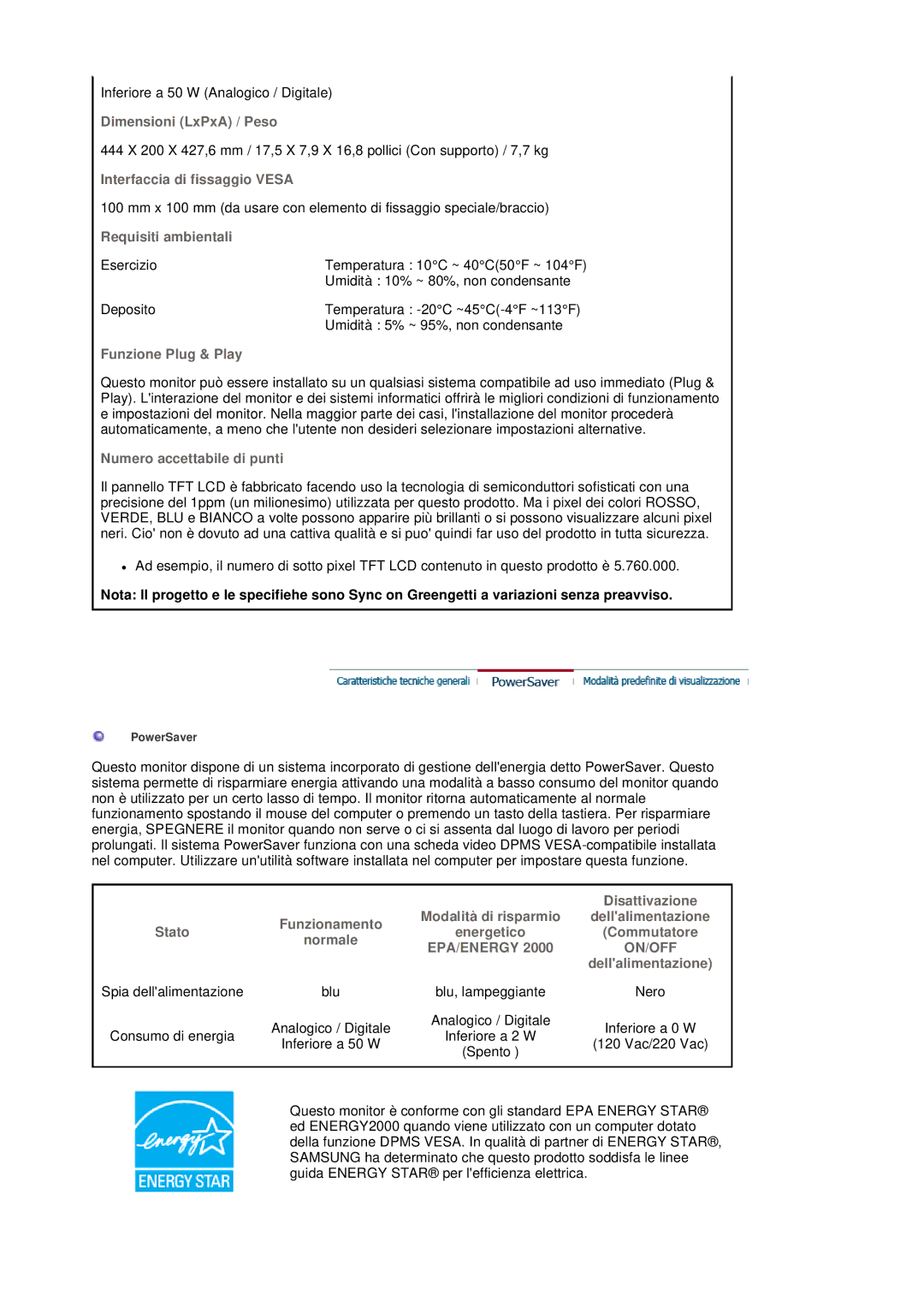 Samsung LS20BRDBBV/XSE Dimensioni LxPxA / Peso, Interfaccia di fissaggio Vesa, Requisiti ambientali, Funzione Plug & Play 