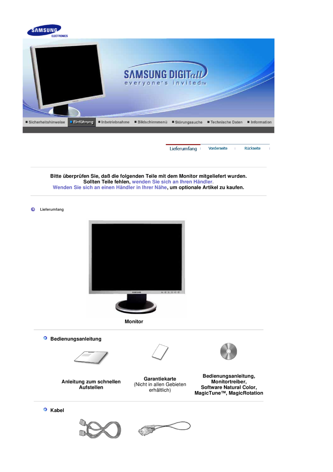 Samsung LS20BRDESQ/EDC manual Monitor Bedienungsanleitung, Anleitung zum schnellen Monitortreiber, MagicTune, MagicRotation 