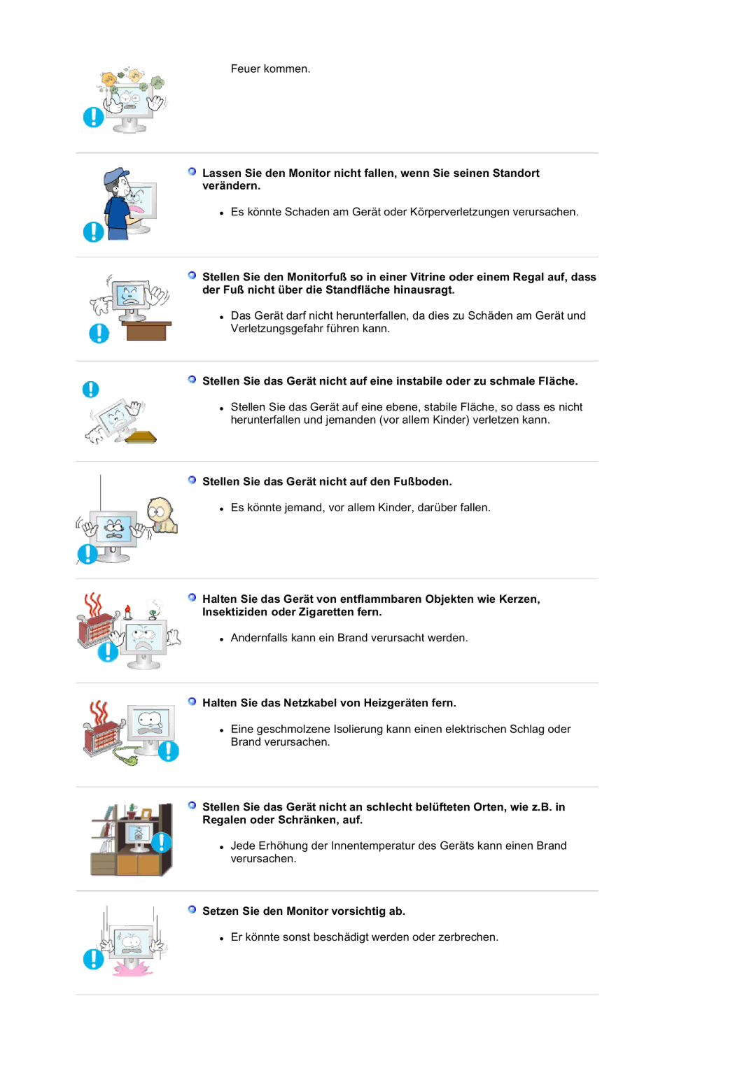 Samsung LS20BRDESQ/EDC manual Stellen Sie das Gerät nicht auf den Fußboden, Halten Sie das Netzkabel von Heizgeräten fern 