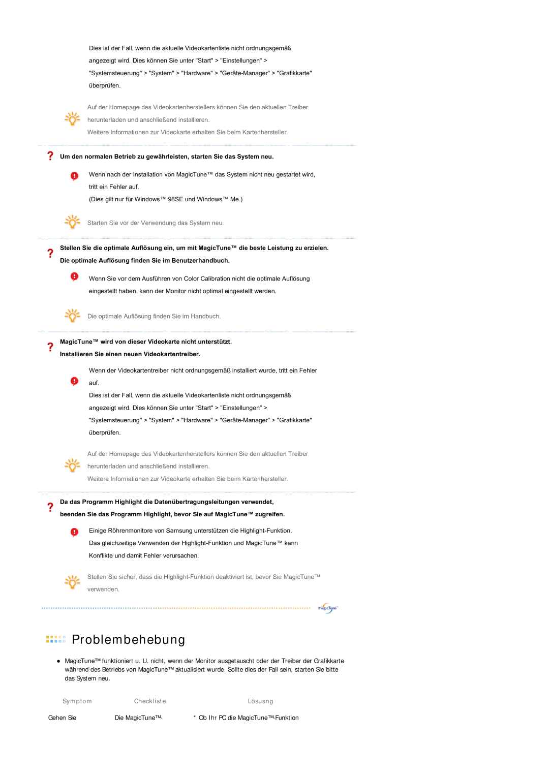 Samsung LS20BRDBSQ/EDC, LS20BRDESQ/EDC manual Symptom Checkliste Lösusng Gehen Sie Die MagicTune 