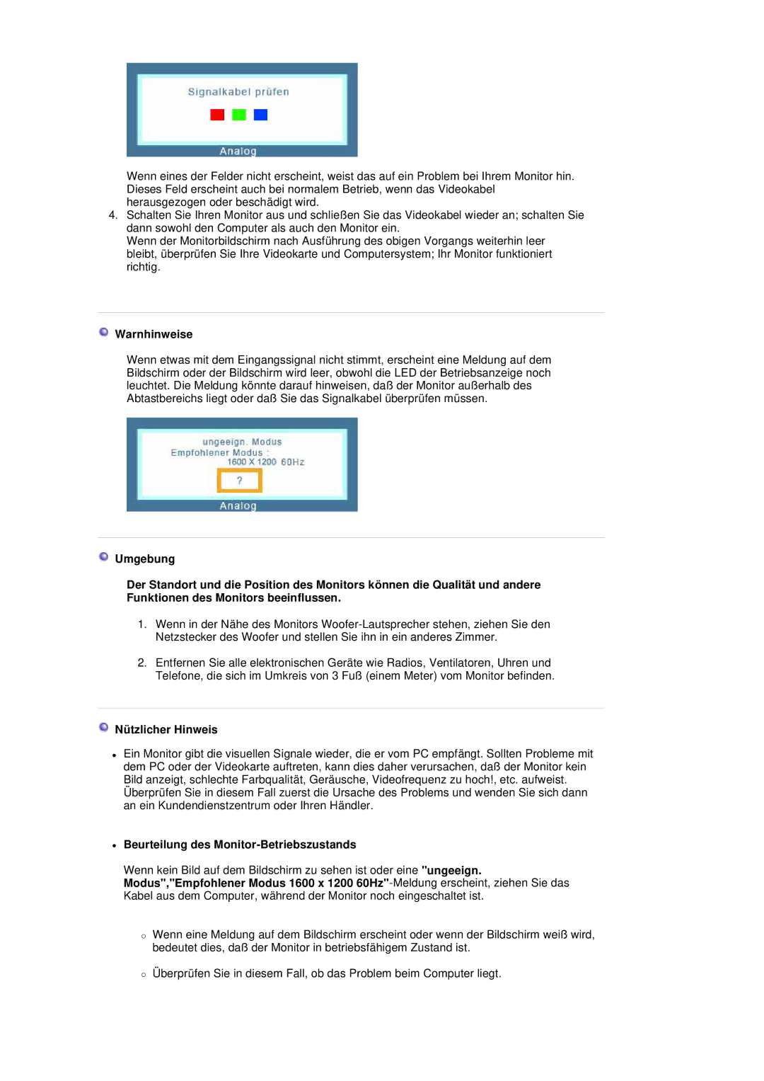 Samsung LS20BRDESQ/EDC, LS20BRDBSQ/EDC manual Warnhinweise, Nützlicher Hinweis, Beurteilung des Monitor-Betriebszustands 