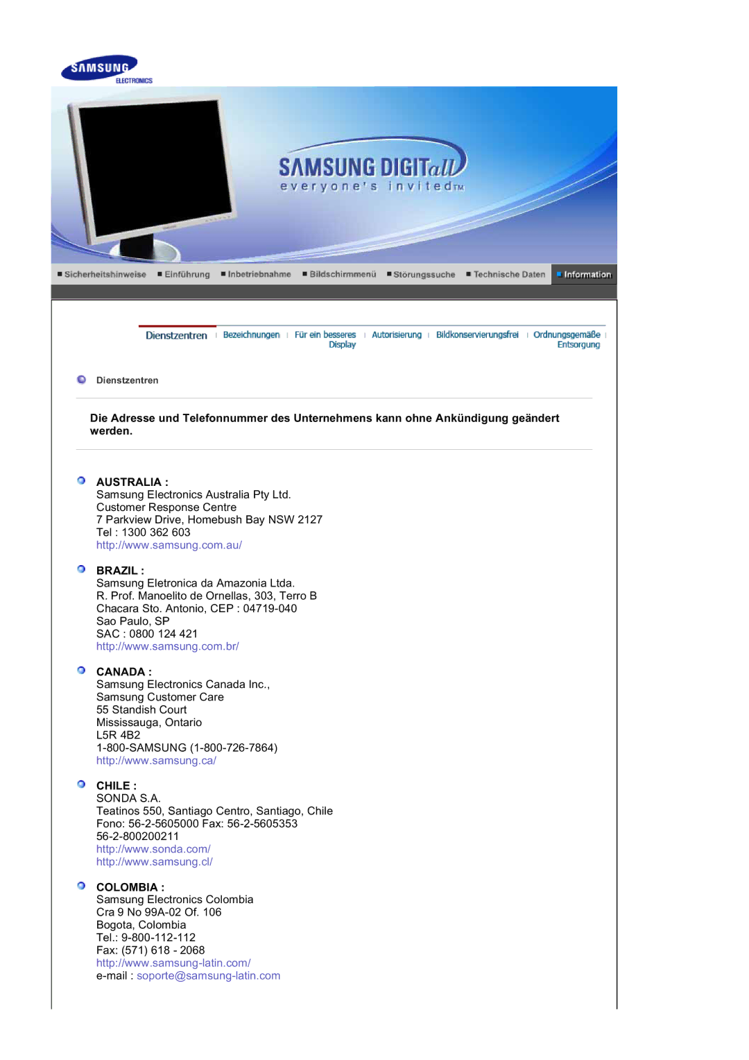 Samsung LS20BRDESQ/EDC, LS20BRDBSQ/EDC manual Chile 