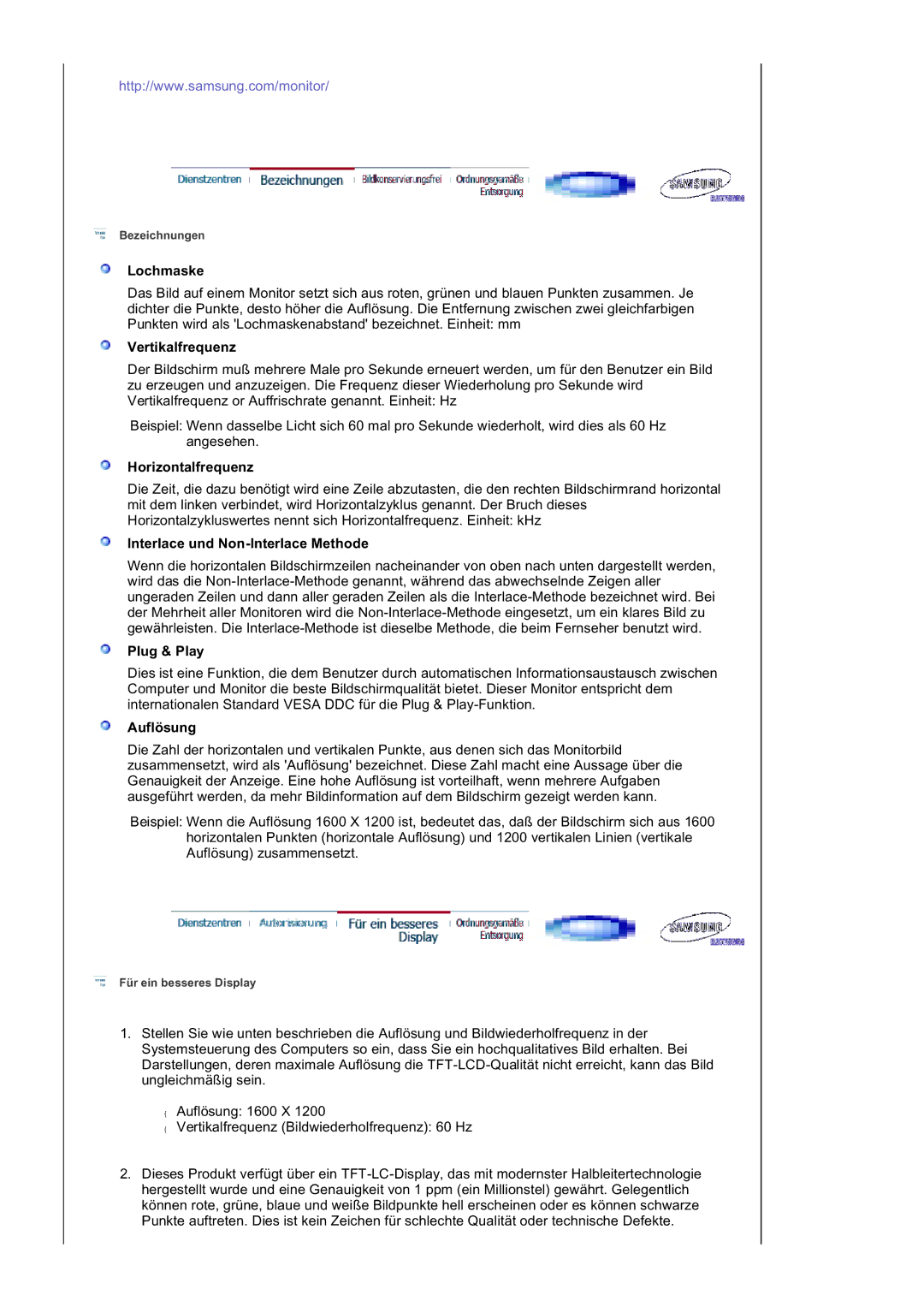 Samsung LS20BRDBSQ/EDC Lochmaske, Vertikalfrequenz, Horizontalfrequenz, Interlace und Non-Interlace Methode, Plug & Play 