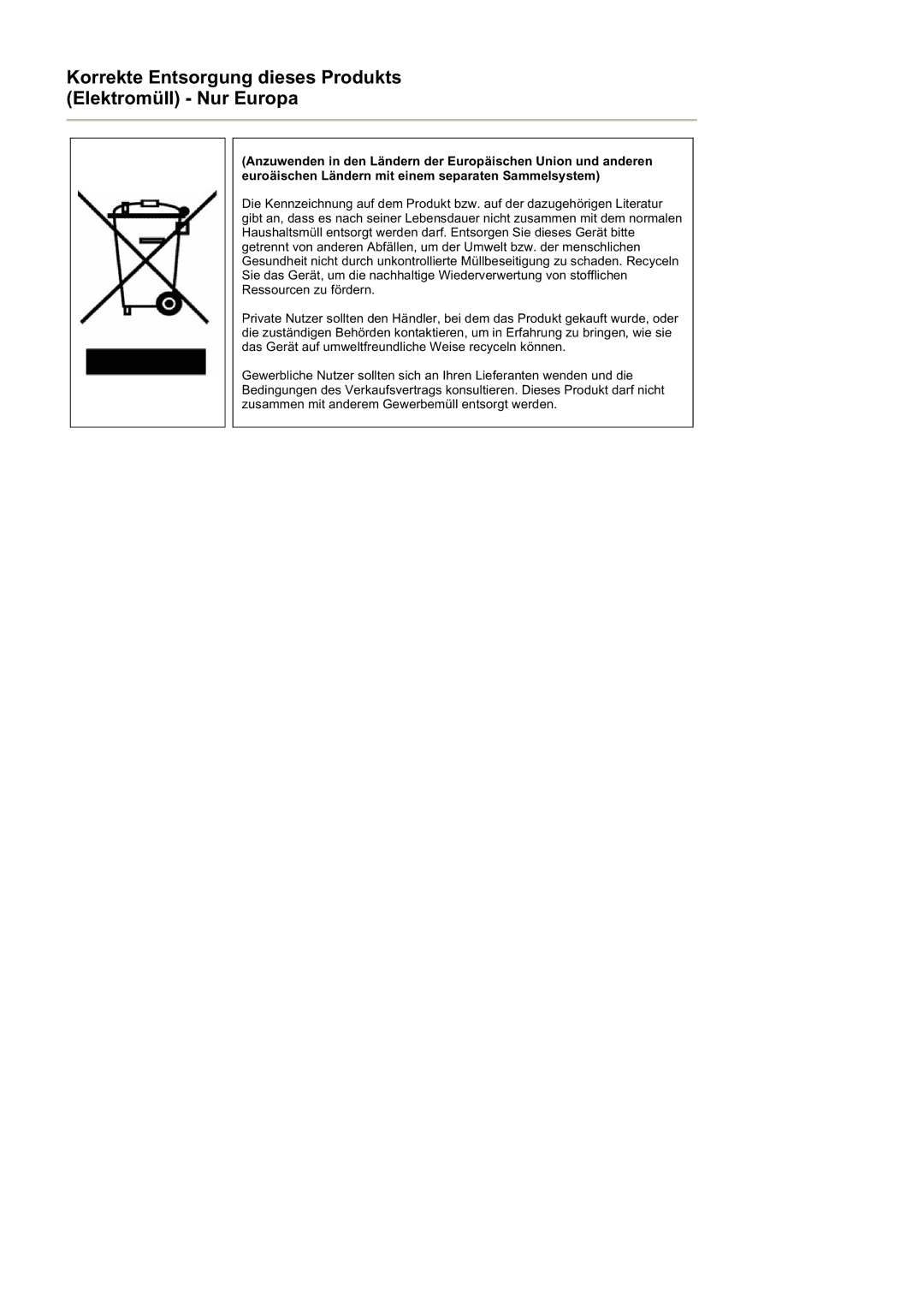 Samsung LS20BRDESQ/EDC, LS20BRDBSQ/EDC manual Korrekte Entsorgung dieses Produkts Elektromüll Nur Europa 