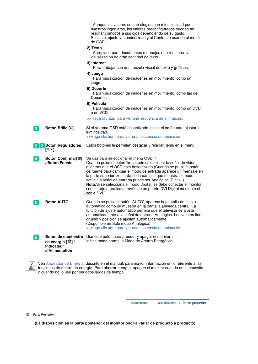 Samsung LS20BRDESQ/EDC, LS20BRDBSQ/EDC manual Texto, Internet, Juego, Deporte, Película, Botón Auto 