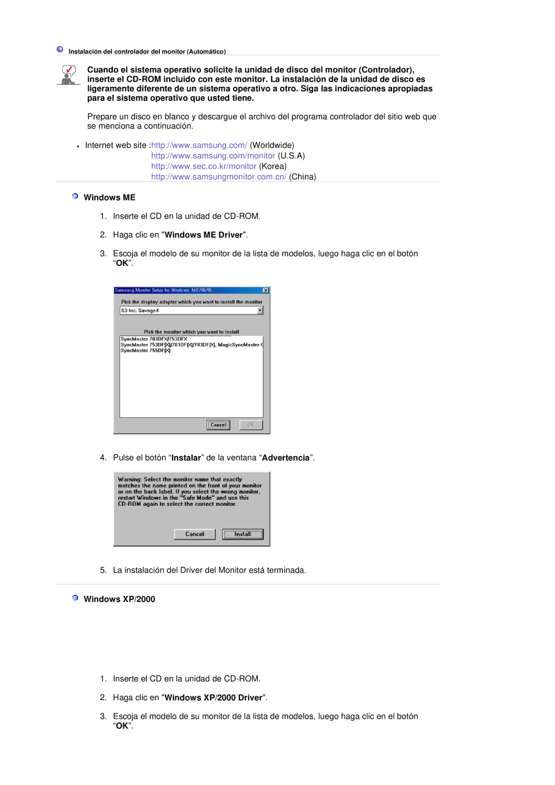 Samsung LS20BRDESQ/EDC, LS20BRDBSQ/EDC manual Haga clic en Windows ME Driver, Haga clic en Windows XP/2000 Driver 