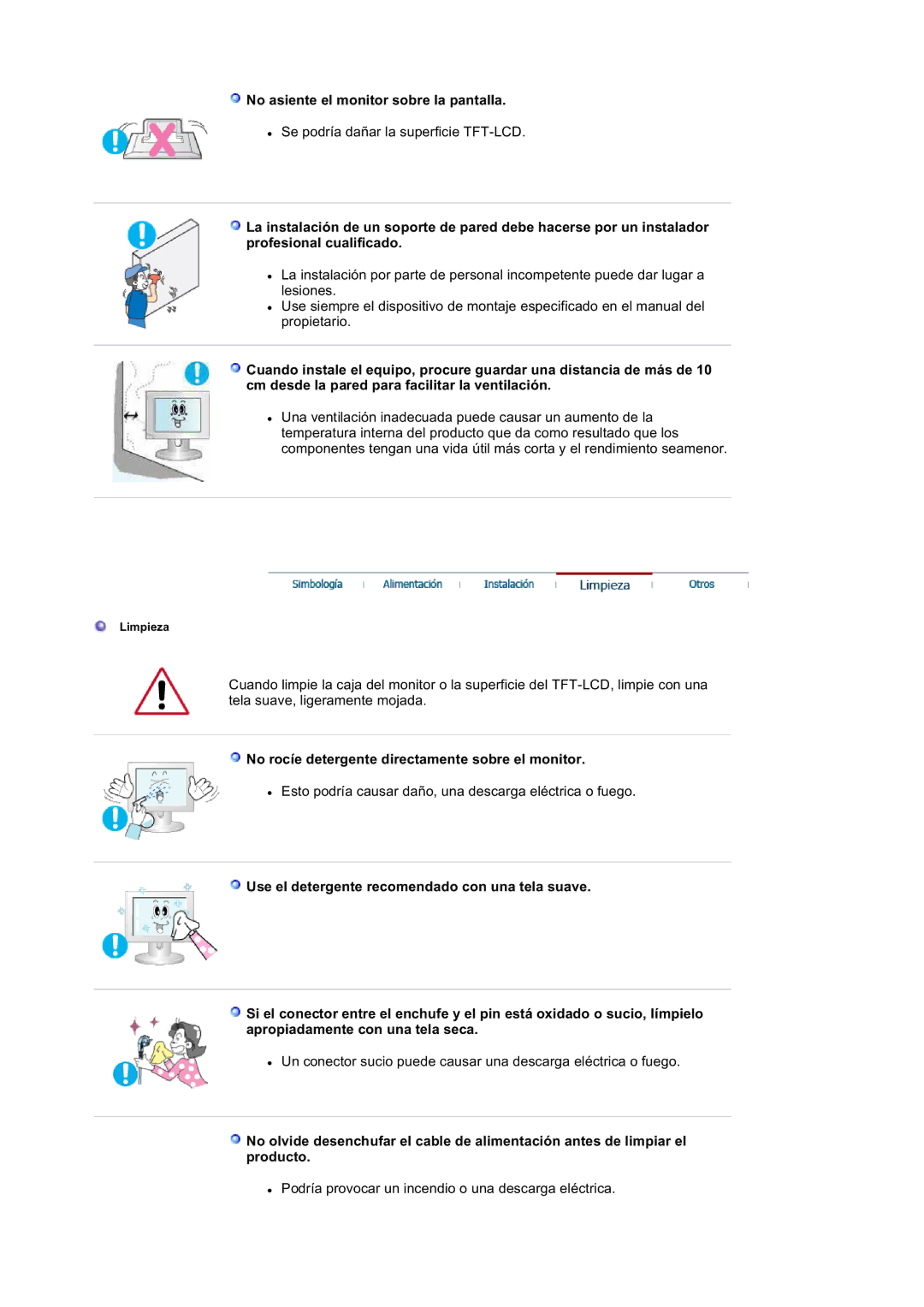 Samsung LS20BRDBSQ/EDC manual No asiente el monitor sobre la pantalla, No rocíe detergente directamente sobre el monitor 