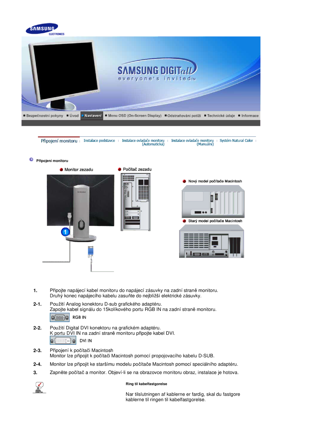 Samsung LS20BRDESQ/EDC, LS20BRDBSQ/EDC manual PĜipojení monitoru 