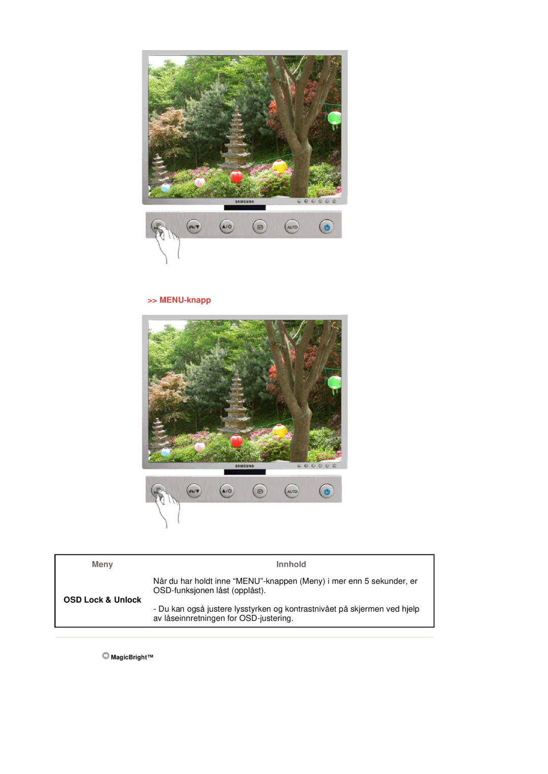 Samsung LS20BRDBSQ/EDC, LS20BRDESQ/EDC manual MENU-knapp, OSD Lock & Unlock 