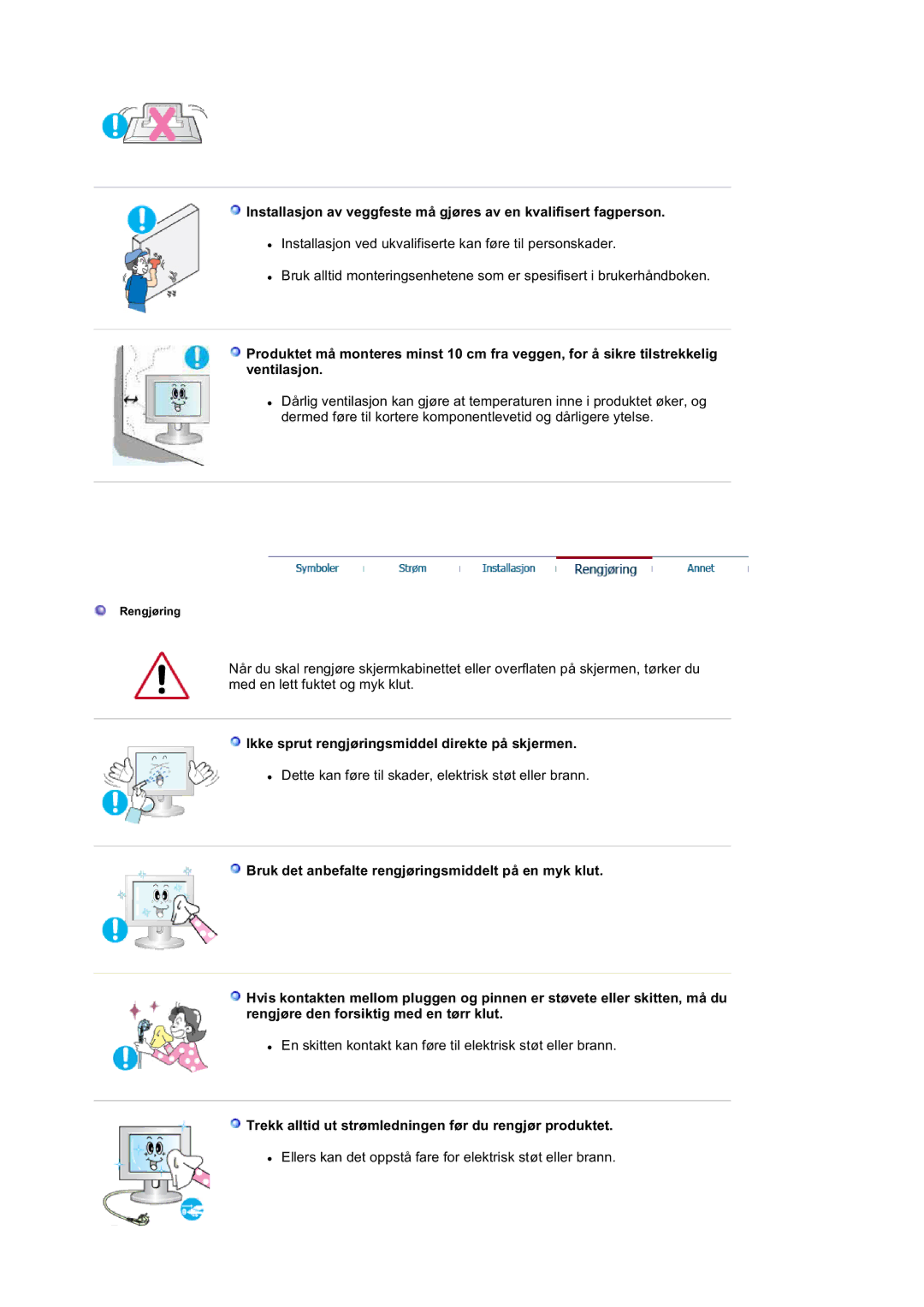 Samsung LS20BRDBSQ/EDC, LS20BRDESQ/EDC manual Ikke sprut rengjøringsmiddel direkte på skjermen 