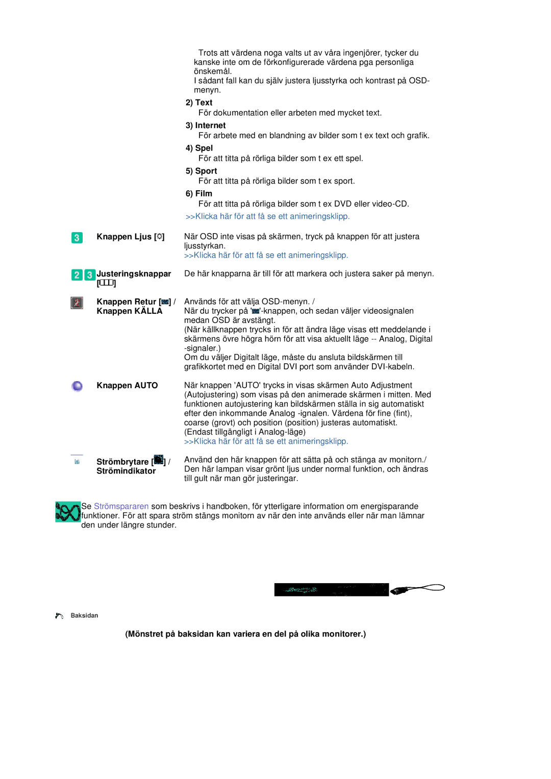 Samsung LS20BRDBSQ/EDC, LS20BRDESQ/EDC manual Text, Internet, Spel, Sport, Film, Knappen Auto Strömbrytare / Strömindikator 