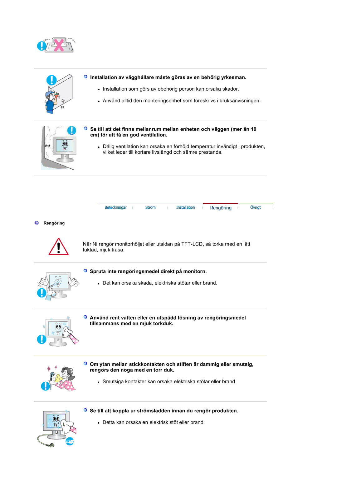 Samsung LS20BRDBSQ/EDC, LS20BRDESQ/EDC manual Spruta inte rengöringsmedel direkt på monitorn 