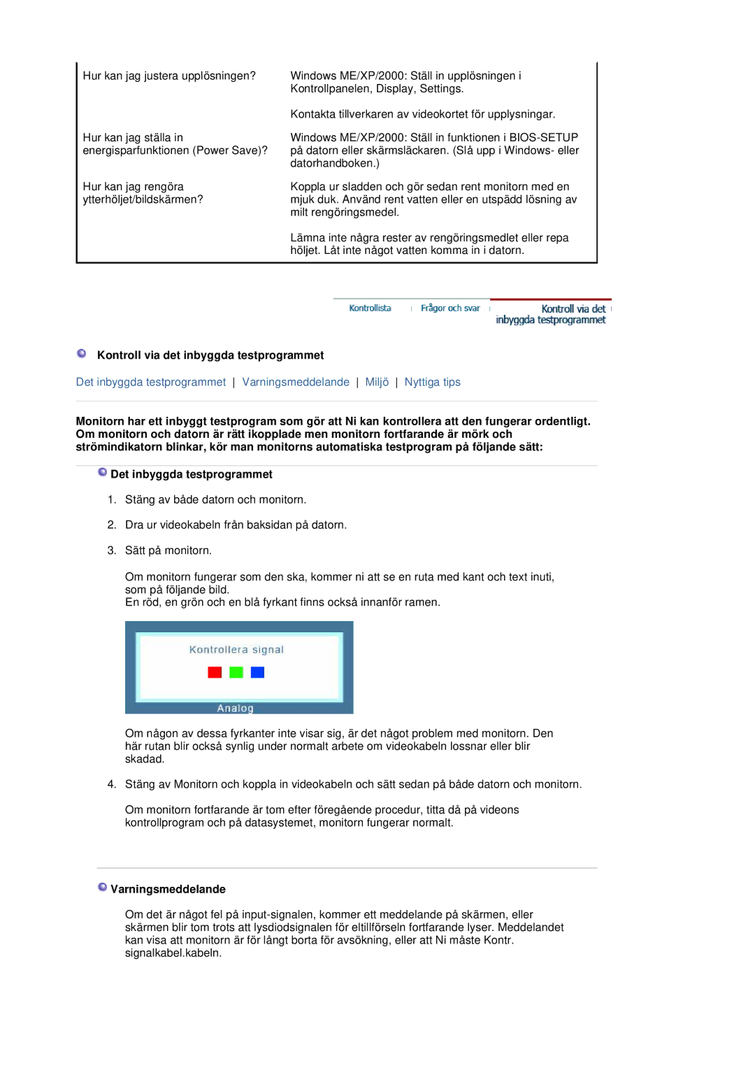 Samsung LS20BRDESQ/EDC, LS20BRDBSQ/EDC manual Kontroll via det inbyggda testprogrammet, Varningsmeddelande 