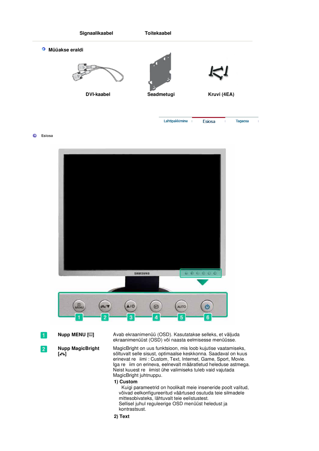 Samsung LS20BRDESQ/EDC, LS20BRDBSQ/EDC manual Nupp Menu, Custom, Text 