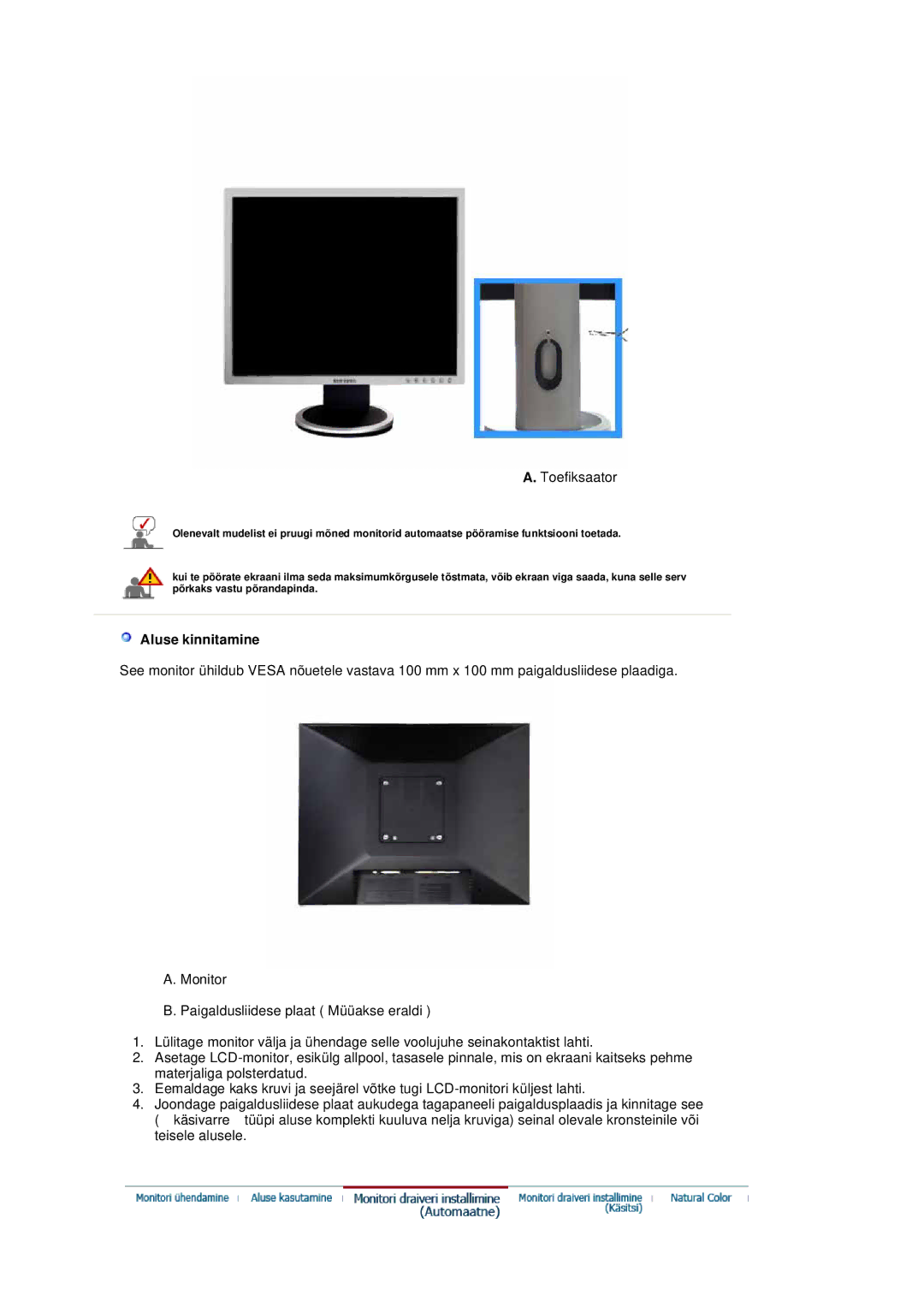 Samsung LS20BRDESQ/EDC, LS20BRDBSQ/EDC manual Toefiksaator, Aluse kinnitamine 