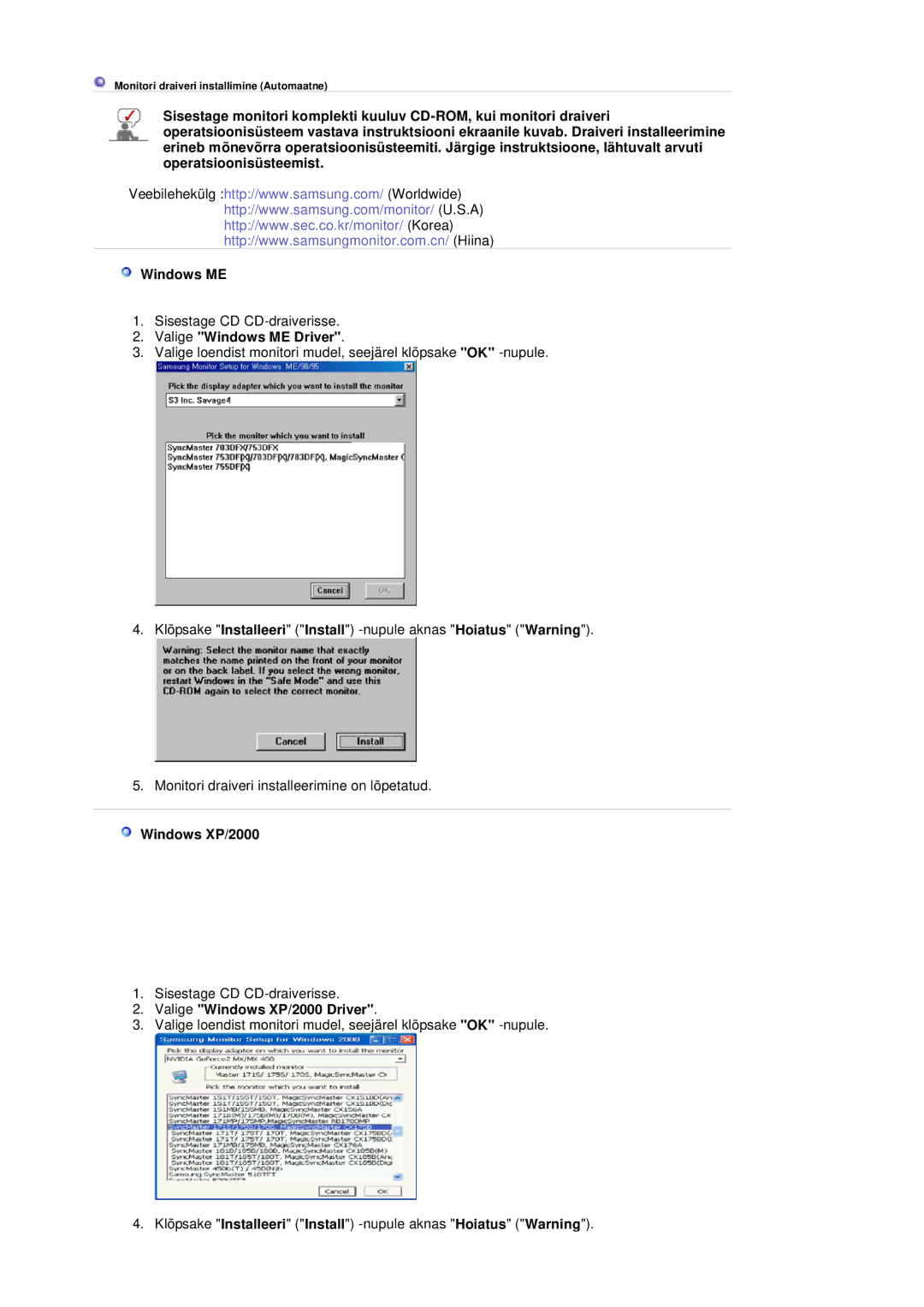 Samsung LS20BRDBSQ/EDC, LS20BRDESQ/EDC manual Valige Windows ME Driver, Valige Windows XP/2000 Driver 