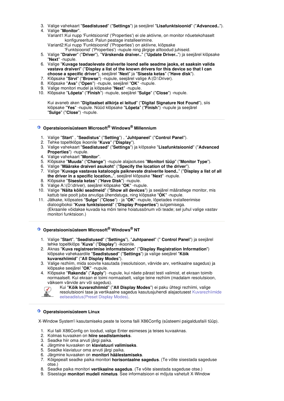 Samsung LS20BRDBSQ/EDC, LS20BRDESQ/EDC manual Operatsioonisüsteem Linux, Järgmine kuvaaken on monitori häälestamiseks 