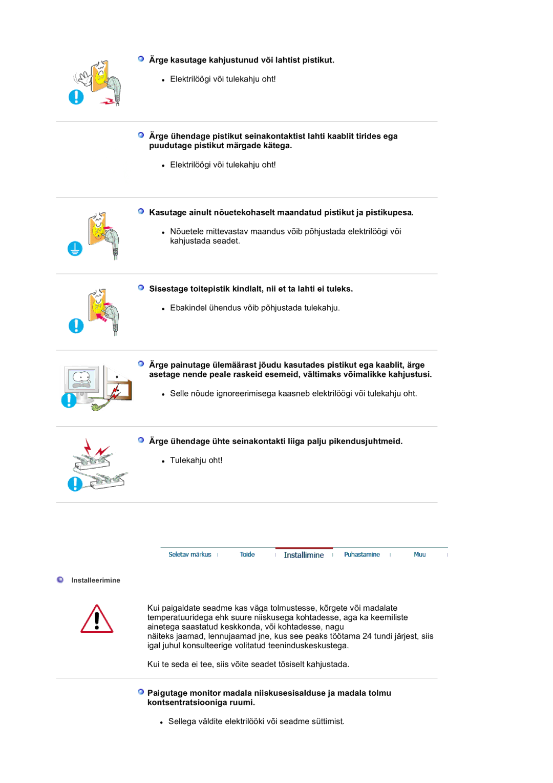 Samsung LS20BRDBSQ/EDC, LS20BRDESQ/EDC manual Ärge kasutage kahjustunud või lahtist pistikut 