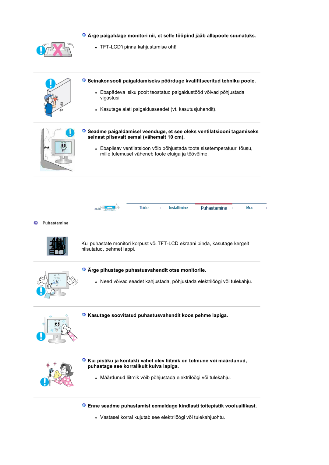 Samsung LS20BRDBSQ/EDC, LS20BRDESQ/EDC manual Ärge pihustage puhastusvahendit otse monitorile 