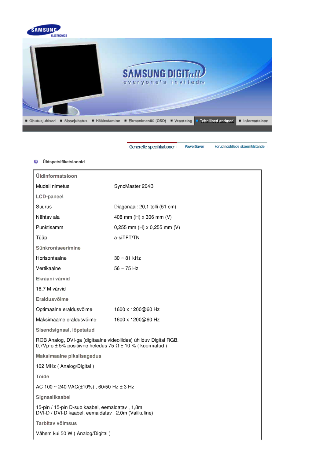 Samsung LS20BRDBSQ/EDC, LS20BRDESQ/EDC manual Üldinformatsioon 