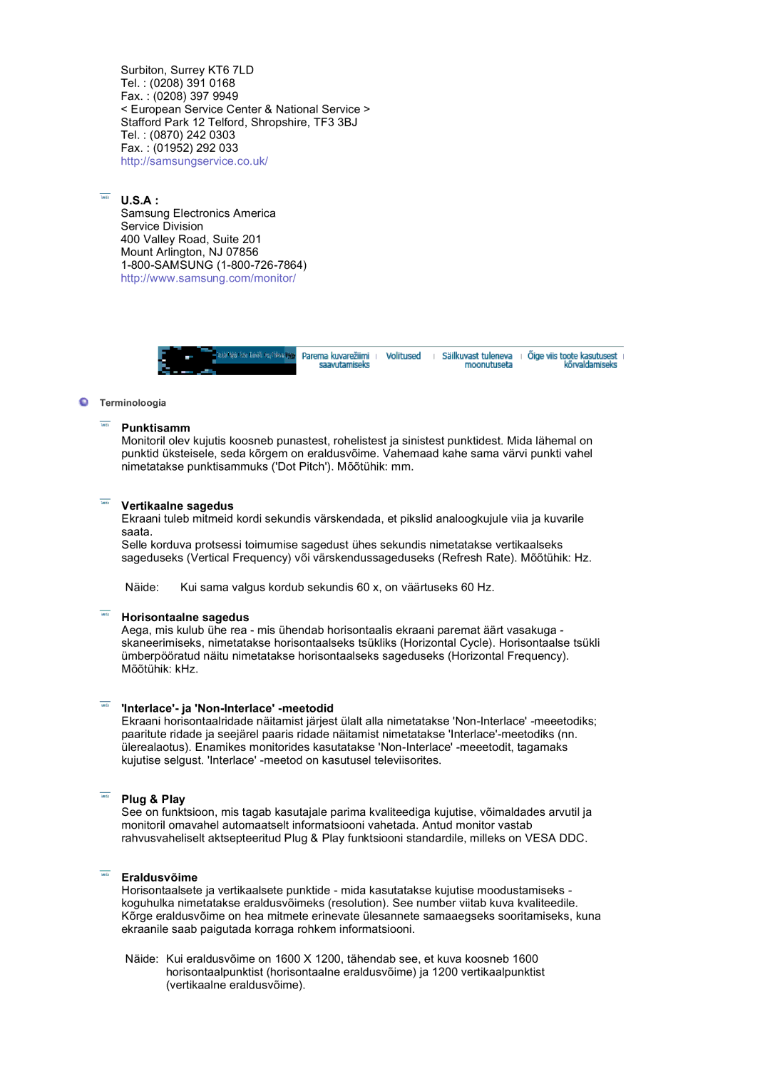 Samsung LS20BRDBSQ/EDC manual Punktisamm, Vertikaalne sagedus, Horisontaalne sagedus, Interlace- ja Non-Interlace -meetodid 