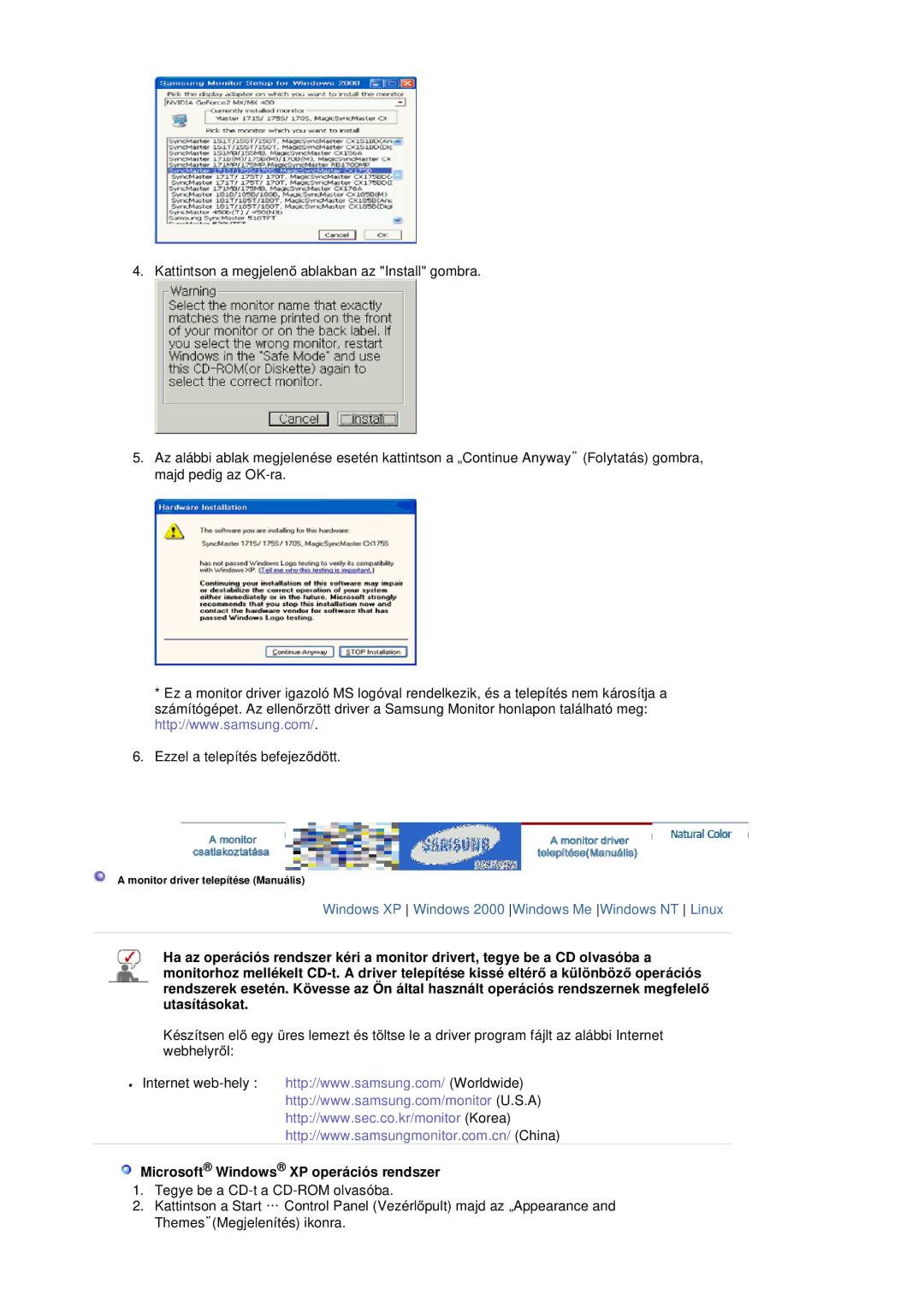 Samsung LS20BRDBSQ/EDC, LS20BRDESQ/EDC manual Microsoft Windows XP operációs rendszer 