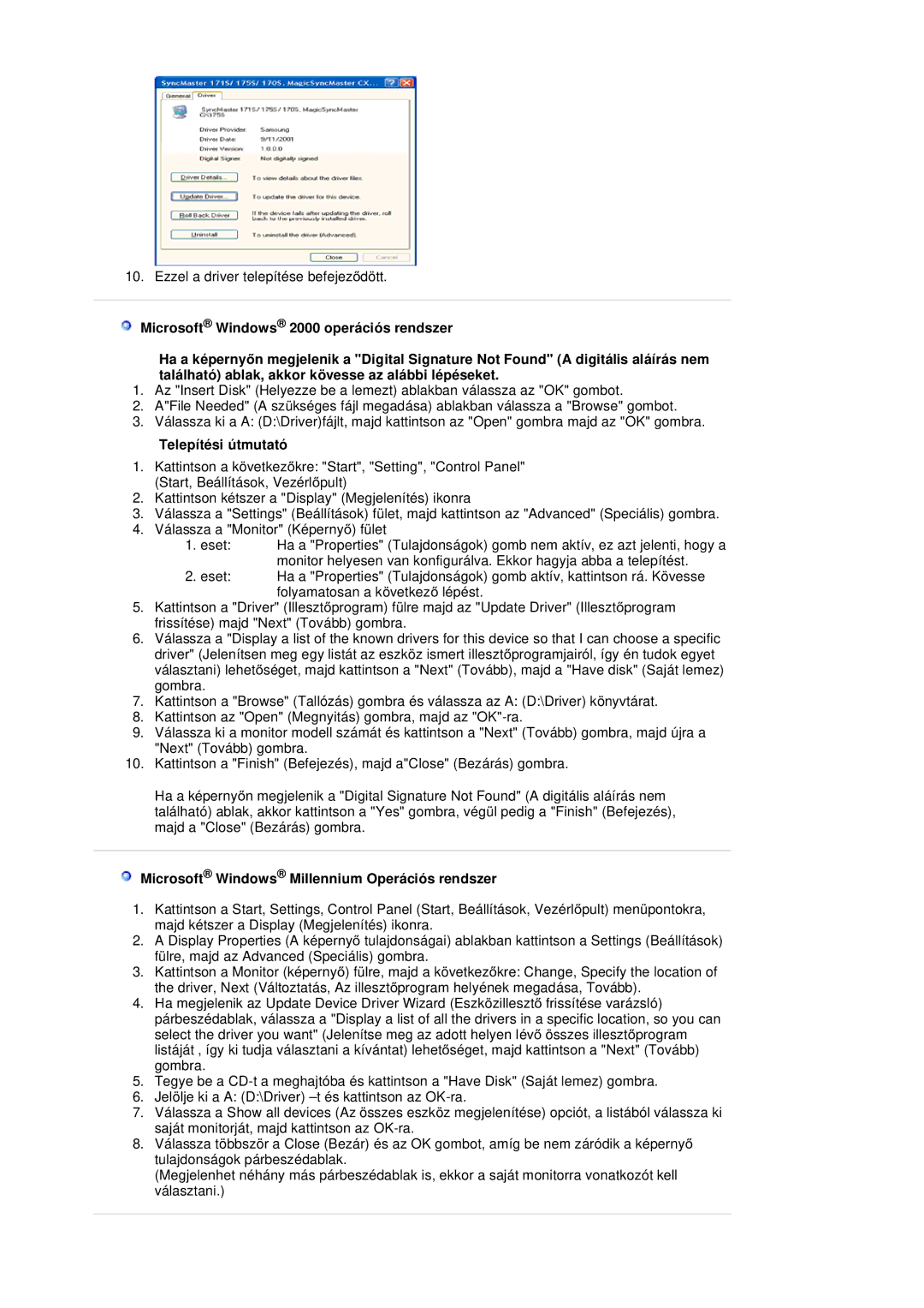 Samsung LS20BRDESQ/EDC, LS20BRDBSQ/EDC manual Telepítési útmutató, Microsoft Windows Millennium Operációs rendszer 