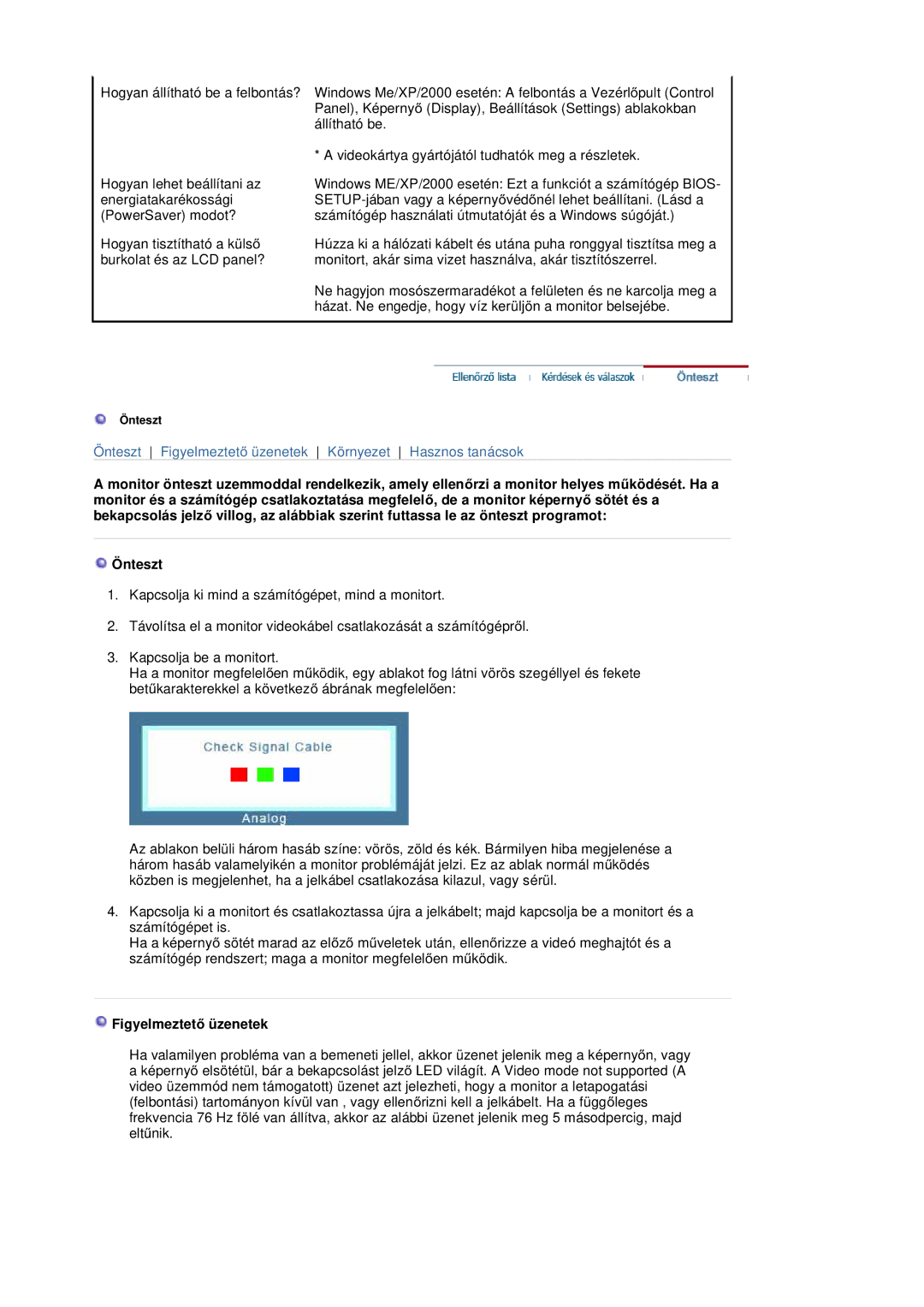 Samsung LS20BRDBSQ/EDC, LS20BRDESQ/EDC manual FigyelmeztetĘ üzenetek 