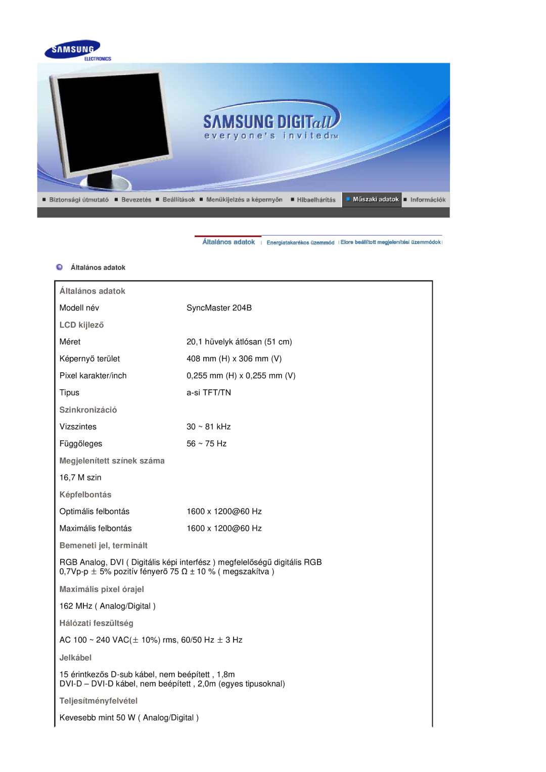 Samsung LS20BRDBSQ/EDC, LS20BRDESQ/EDC manual Általános adatok 