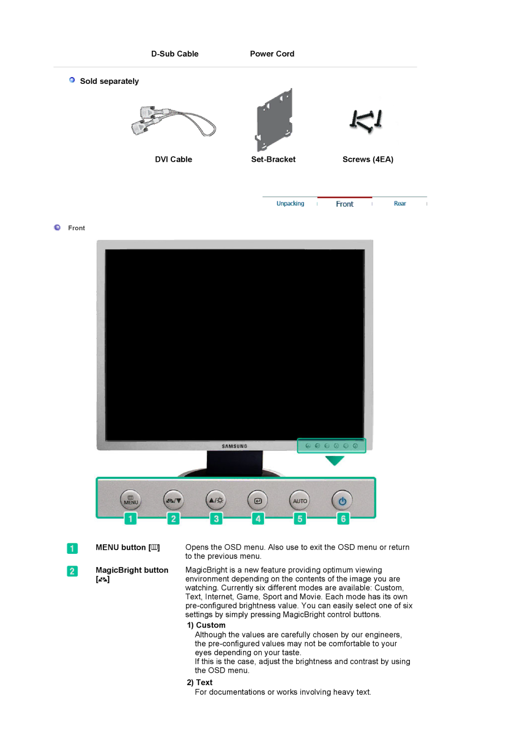 Samsung LS20BRDESQ/EDC, LS20BRDTS/EDC manual Sub Cable Power Cord Sold separately DVI Cable Set-Bracket, Custom, Text 