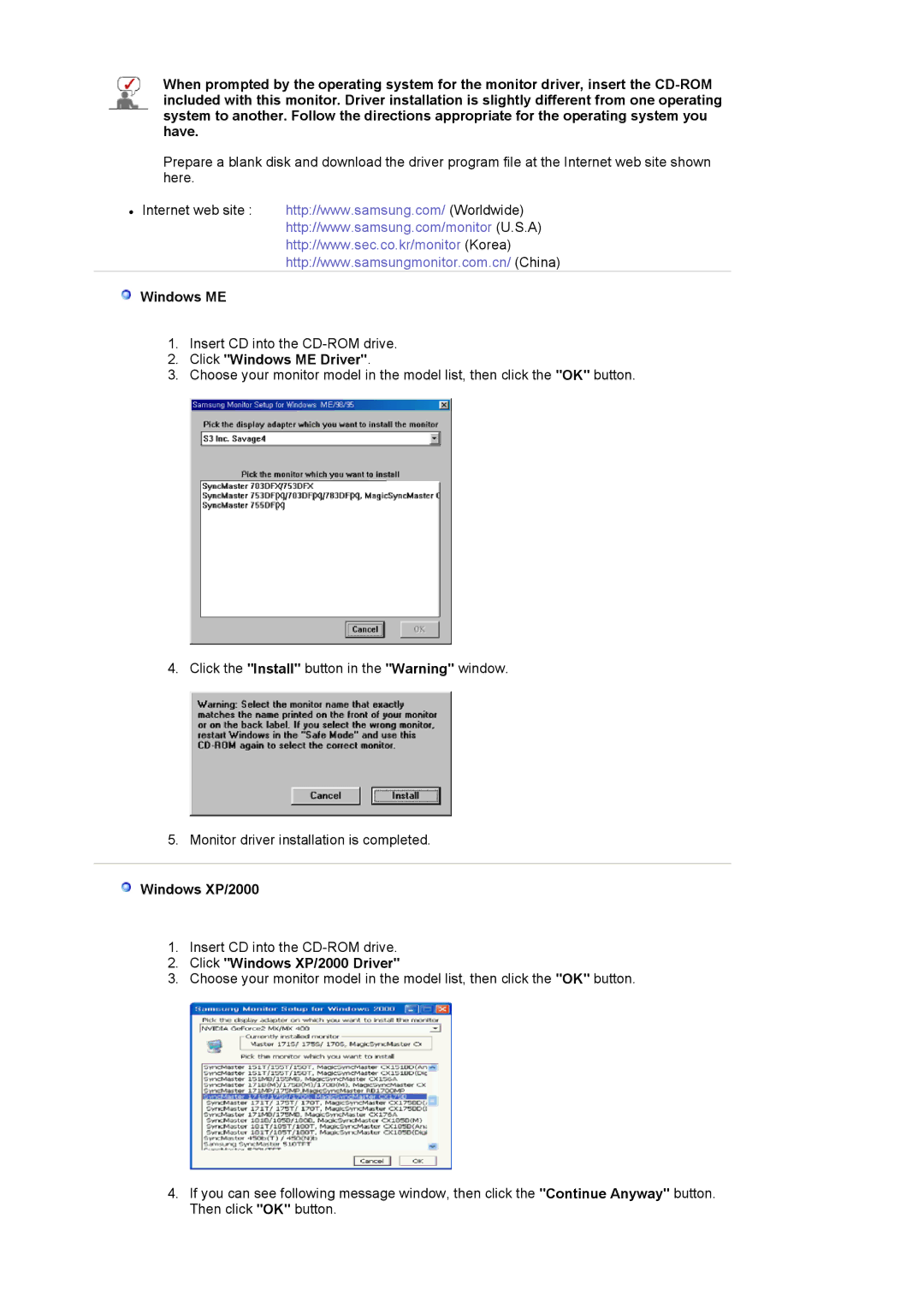 Samsung LS20BRDBSQ/EDC, LS20BRDESQ/EDC, LS20BRDTS/EDC manual Click Windows ME Driver, Click Windows XP/2000 Driver 