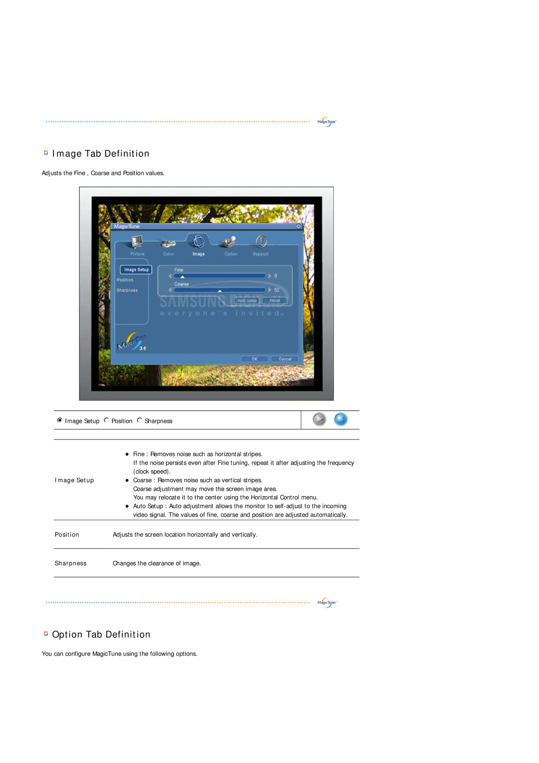 Samsung LS20BRDBSQ/EDC, LS20BRDESQ/EDC, LS20BRDTS/EDC, LS20BRDBBV/XSE, LS20BRDBSQ/XSA manual Image Setup, Position, Sharpness 