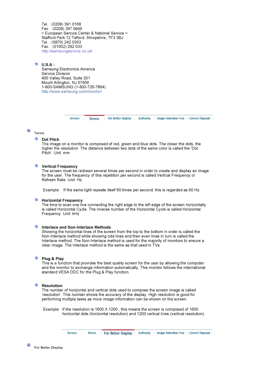 Samsung LS20BRDBSQ/EDC manual Dot Pitch, Vertical Frequency, Horizontal Frequency, Interlace and Non-Interlace Methods 