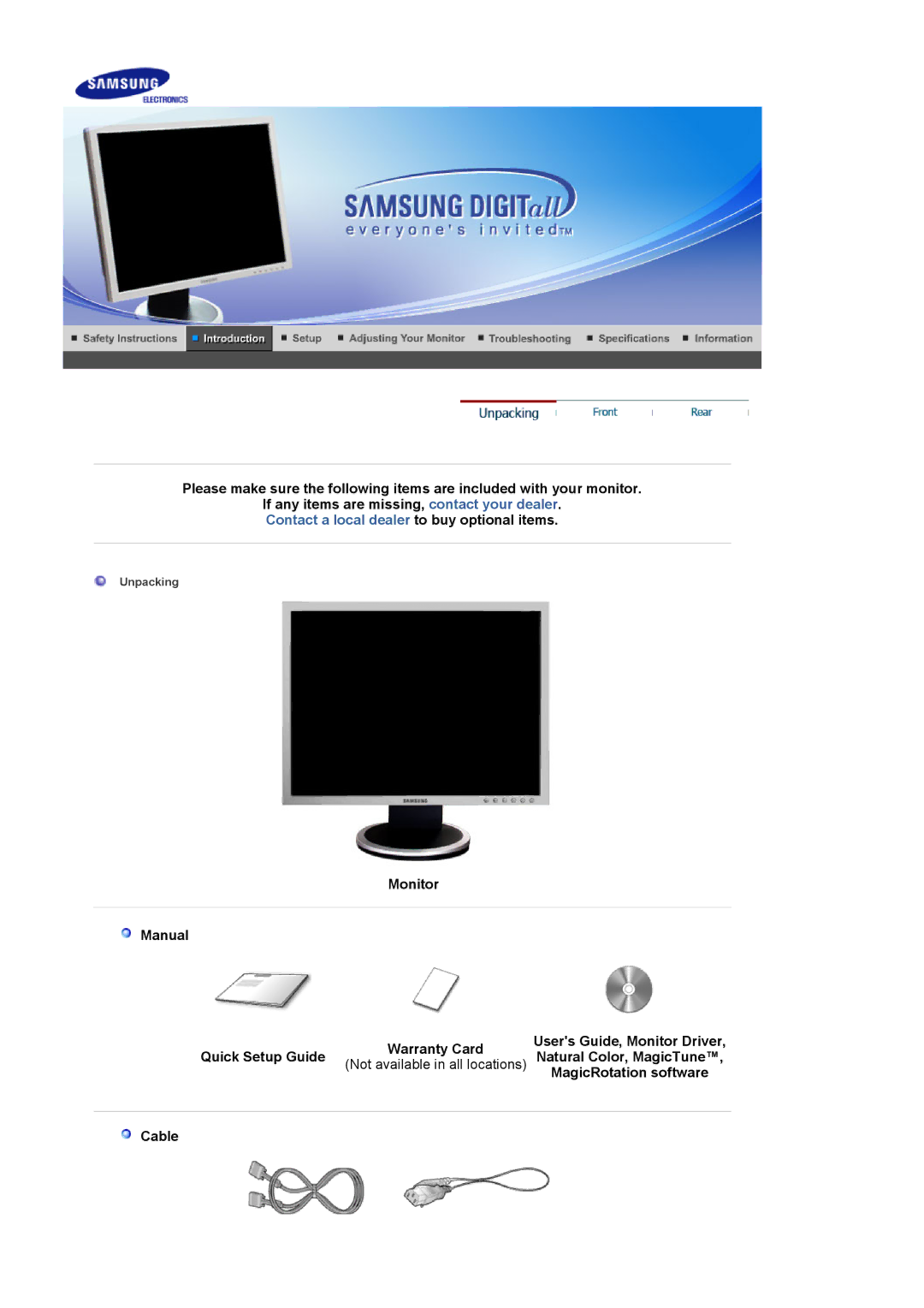 Samsung LS20BRDBSQ/XSA Monitor Manual, Users Guide, Monitor Driver, Quick Setup Guide Natural Color, MagicTune, Cable 