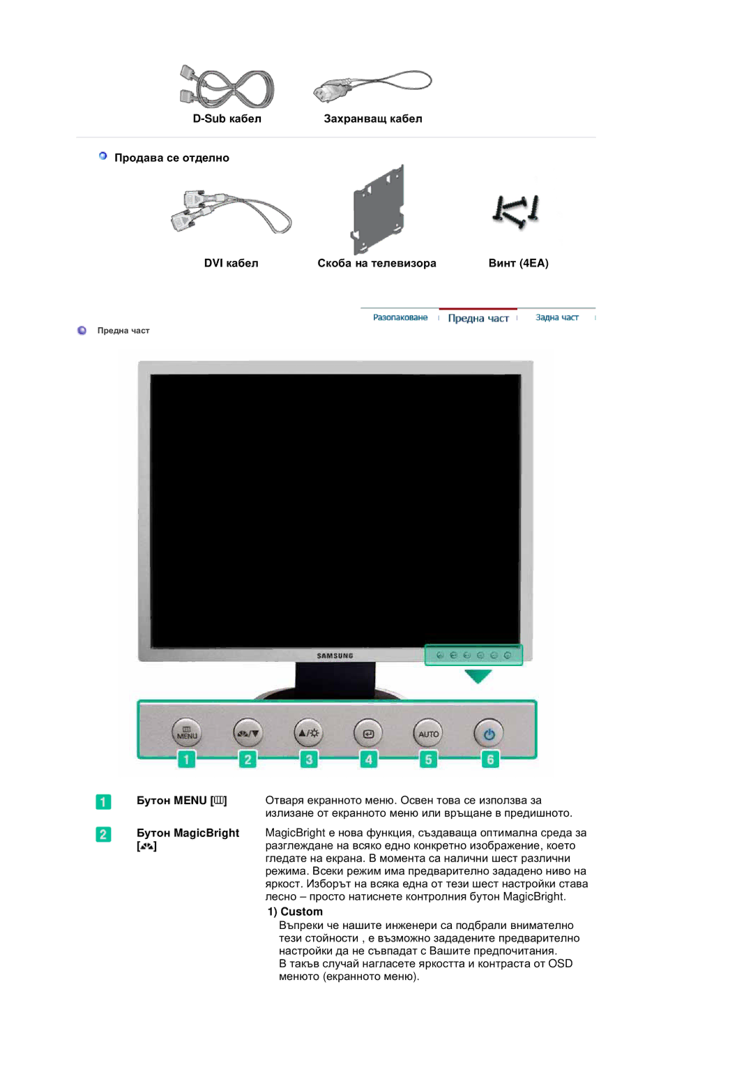 Samsung LS20BRDBSQ/EDC, LS20BRDESQ/EDC manual Sub ɤɚɛɟɥ, Ɉɪɨɞɚɜɚ ɫɟ ɨɬɞɟɥɧɨ DVI ɤɚɛɟɥ Ɋɤɨɛɚ ɧɚ ɬɟɥɟɜɢɡɨɪɚ Ȼɢɧɬ 4EA, Custom 