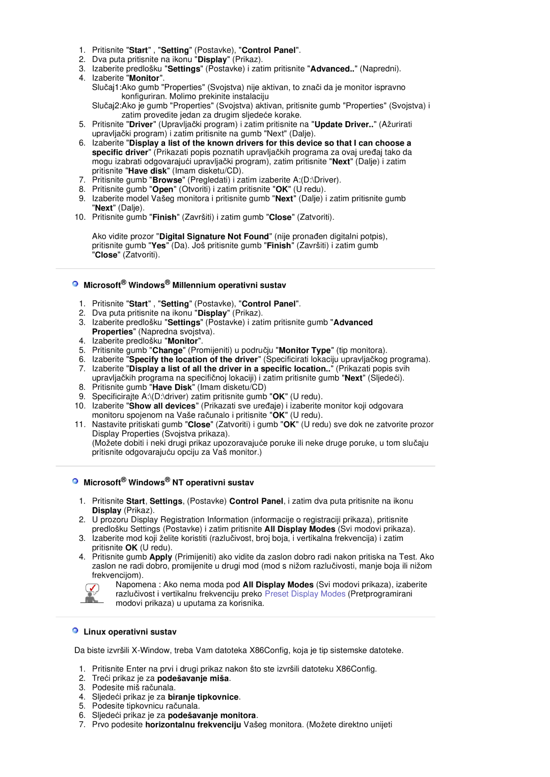 Samsung LS20BRDESQ/EDC manual Microsoft Windows Millennium operativni sustav, Microsoft Windows NT operativni sustav 