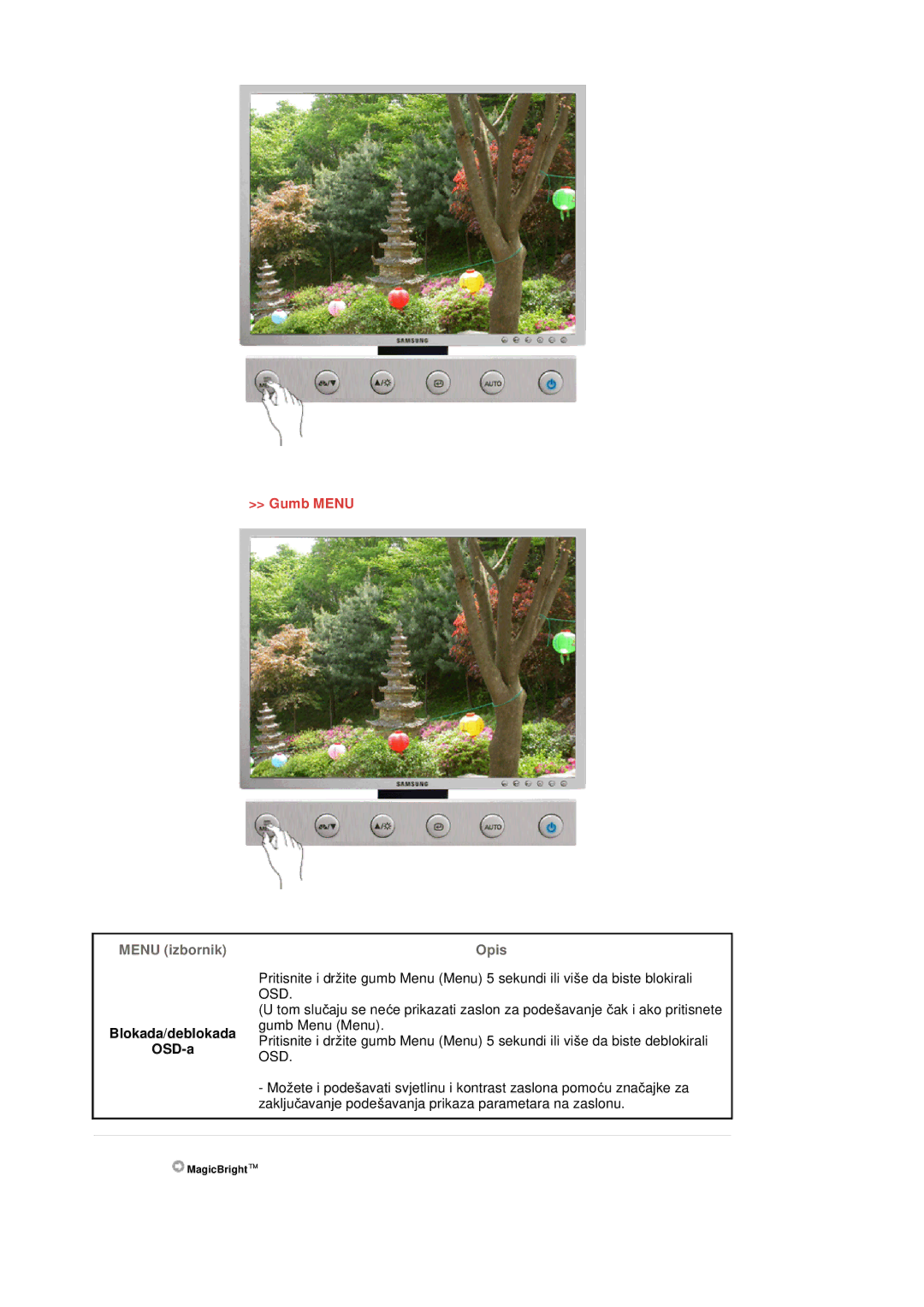 Samsung LS20BRDTS/EDC, LS20BRDESQ/EDC, LS20BRDBSQ/EDC manual Blokada/deblokada OSD-a, Gumb Menu 