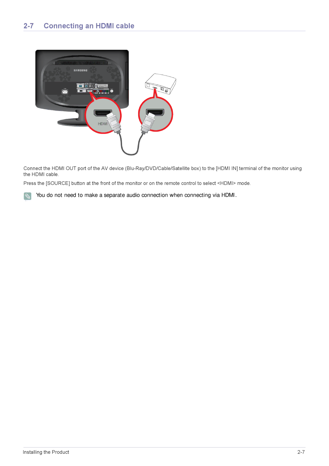 Samsung LS20CFVKFV/EN, LS20CFVKF/EN, LS20CFVKF/XE manual Connecting an Hdmi cable 