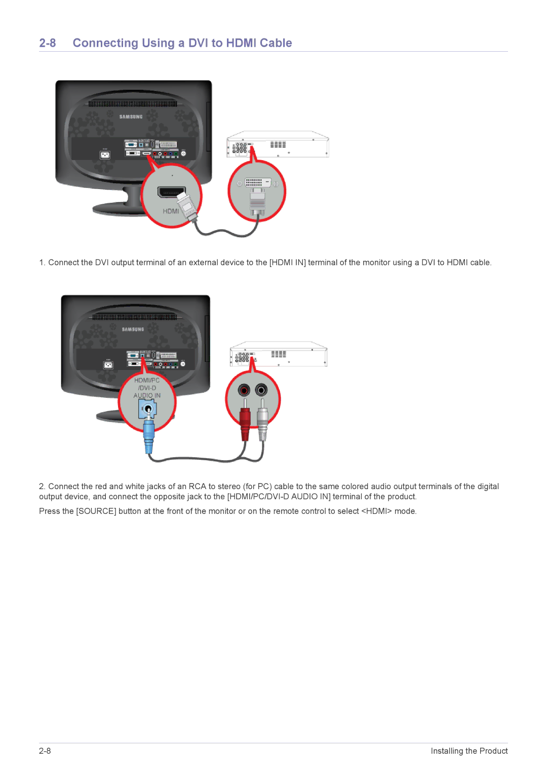 Samsung LS20CFVKF/XE, LS20CFVKF/EN, LS20CFVKFV/EN manual Connecting Using a DVI to Hdmi Cable 