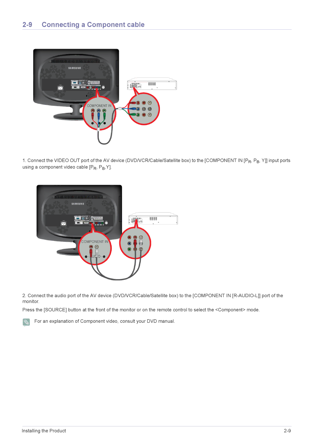 Samsung LS20CFVKF/EN, LS20CFVKFV/EN, LS20CFVKF/XE manual Connecting a Component cable 